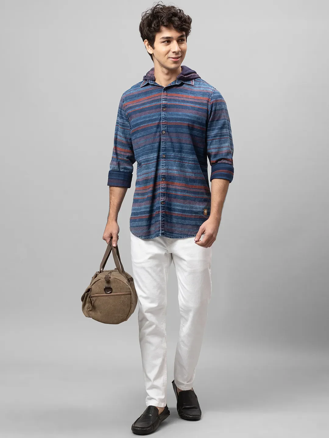 Blue Slim Straight Fit Regular Collar Long Sleeves Cotton Men's Shirt by Being Human Clothing - Image 5