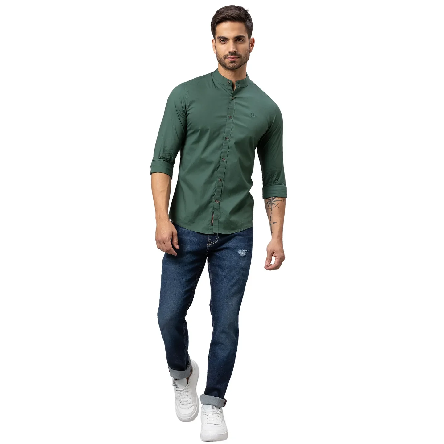 Green Skinny Straight Fit Mandarin Collar Long Sleeves Cotton Men's Shirt by Being Human Clothing - Image 2