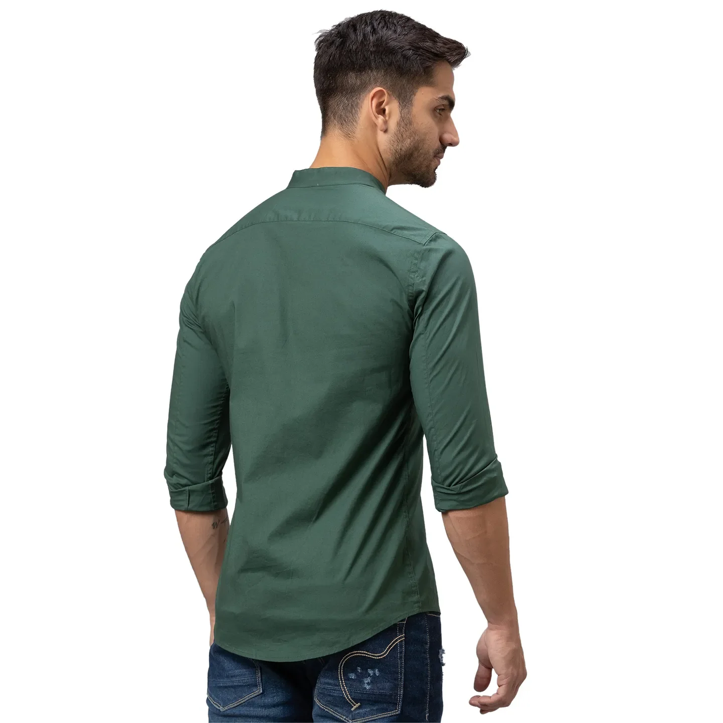 Green Skinny Straight Fit Mandarin Collar Long Sleeves Cotton Men's Shirt by Being Human Clothing - Image 3