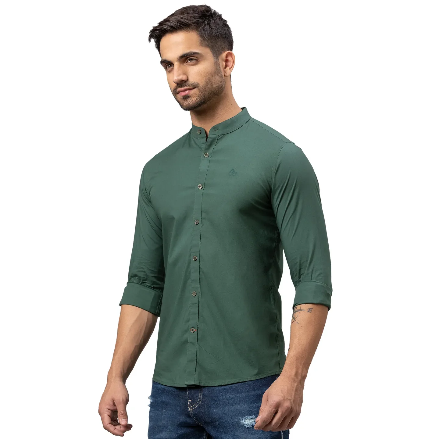 Green Skinny Straight Fit Mandarin Collar Long Sleeves Cotton Men's Shirt by Being Human Clothing - Image 4