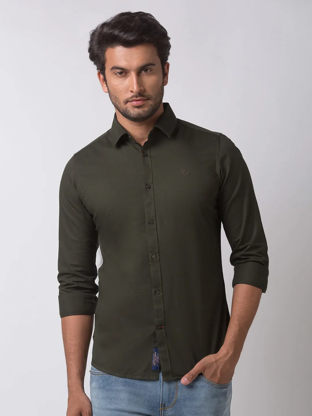 Green Slim Straight Fit Regular Collar Long Sleeves Cotton Men's Shirt by Being Human Clothing