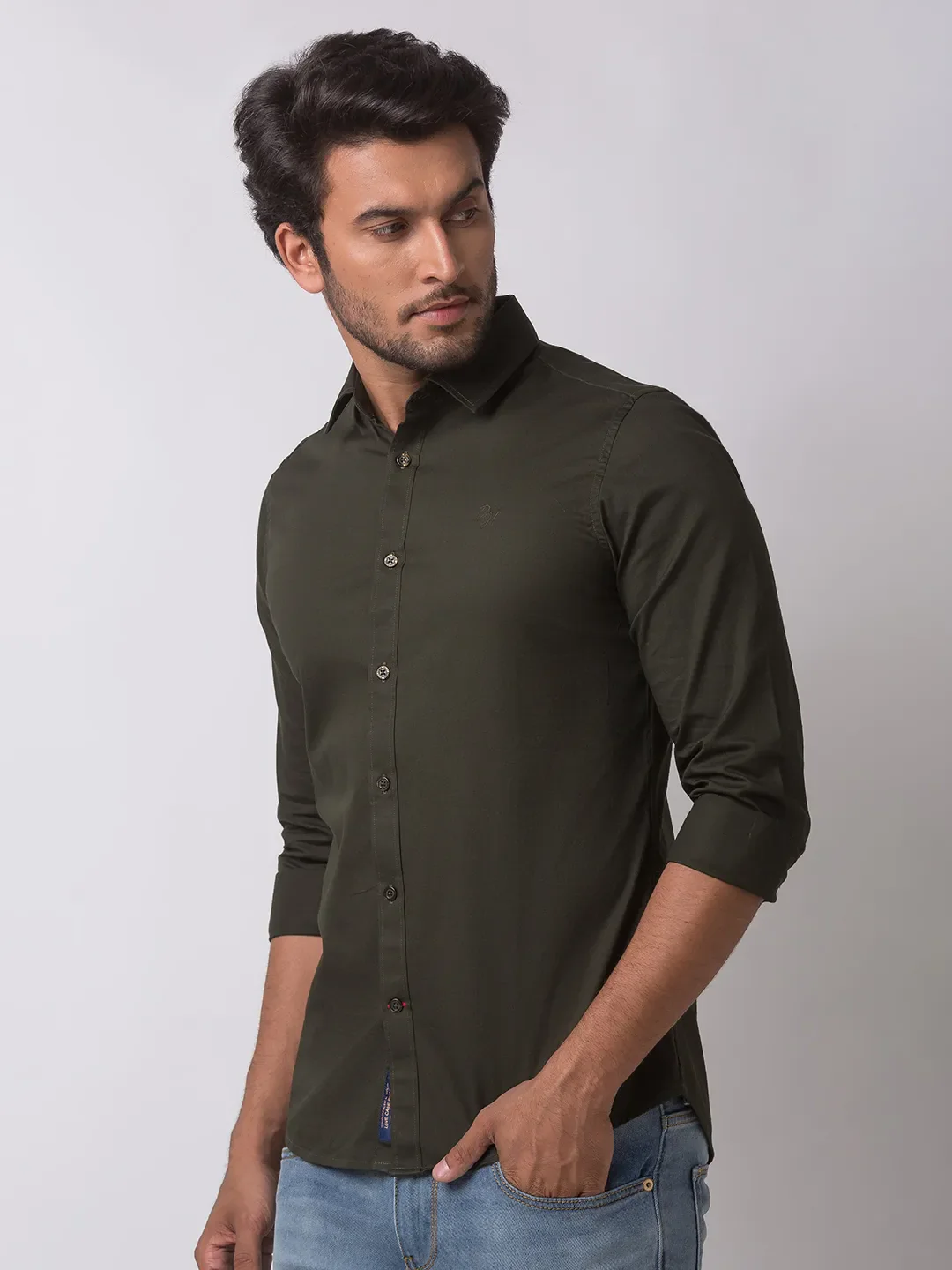 Green Slim Straight Fit Regular Collar Long Sleeves Cotton Men's Shirt by Being Human Clothing - Image 2