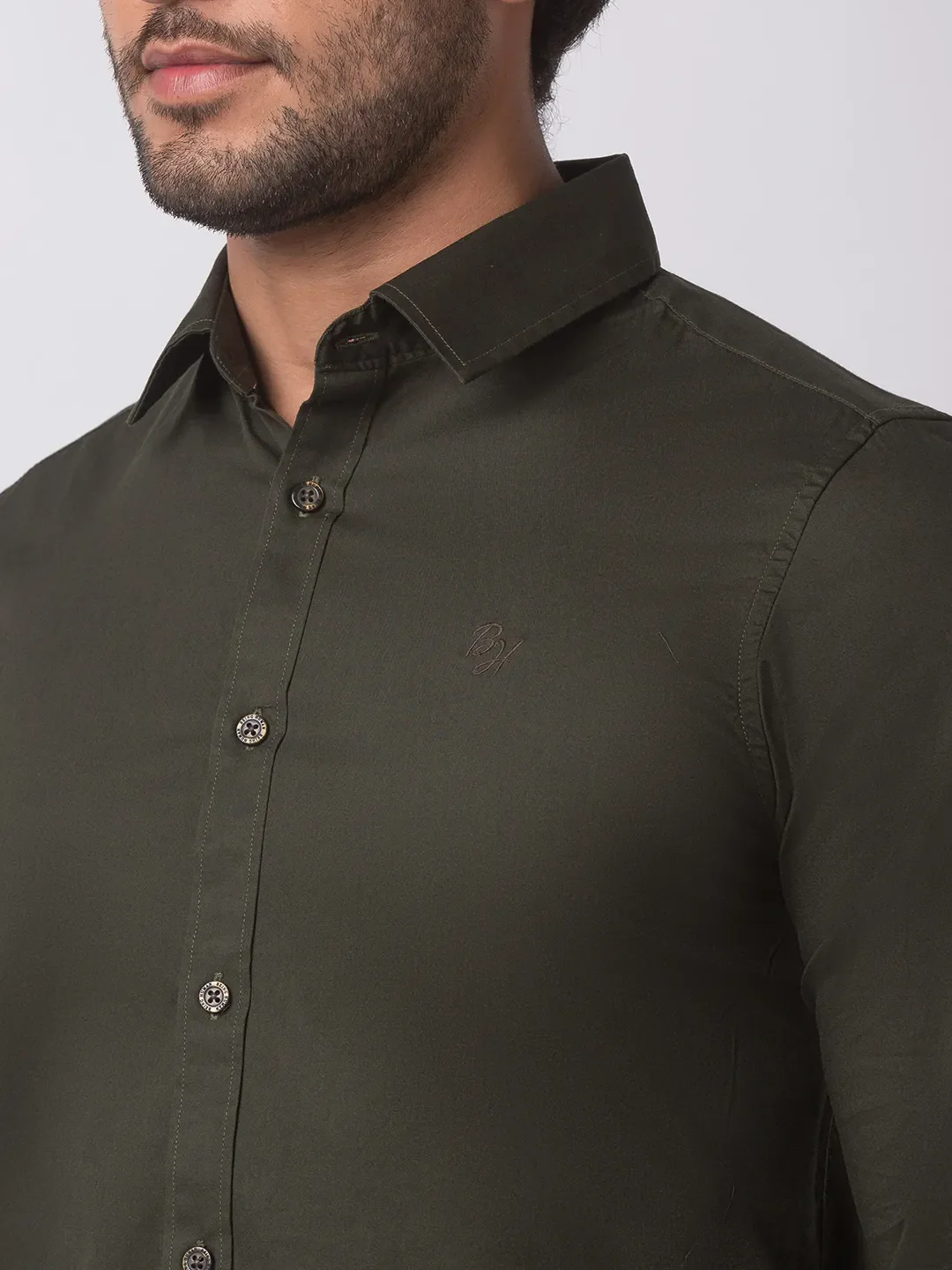 Green Slim Straight Fit Regular Collar Long Sleeves Cotton Men's Shirt by Being Human Clothing - Image 3