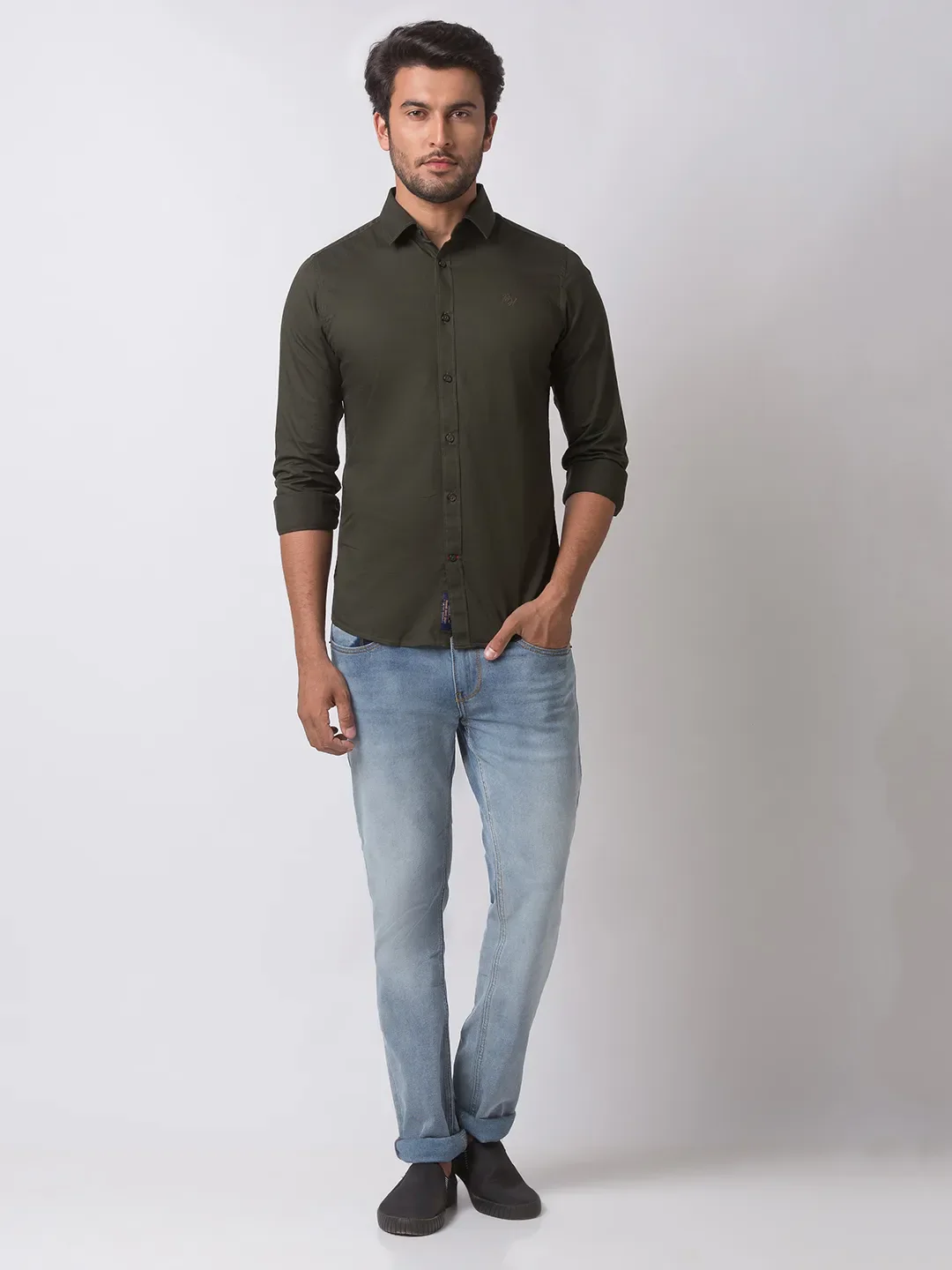 Green Slim Straight Fit Regular Collar Long Sleeves Cotton Men's Shirt by Being Human Clothing - Image 5