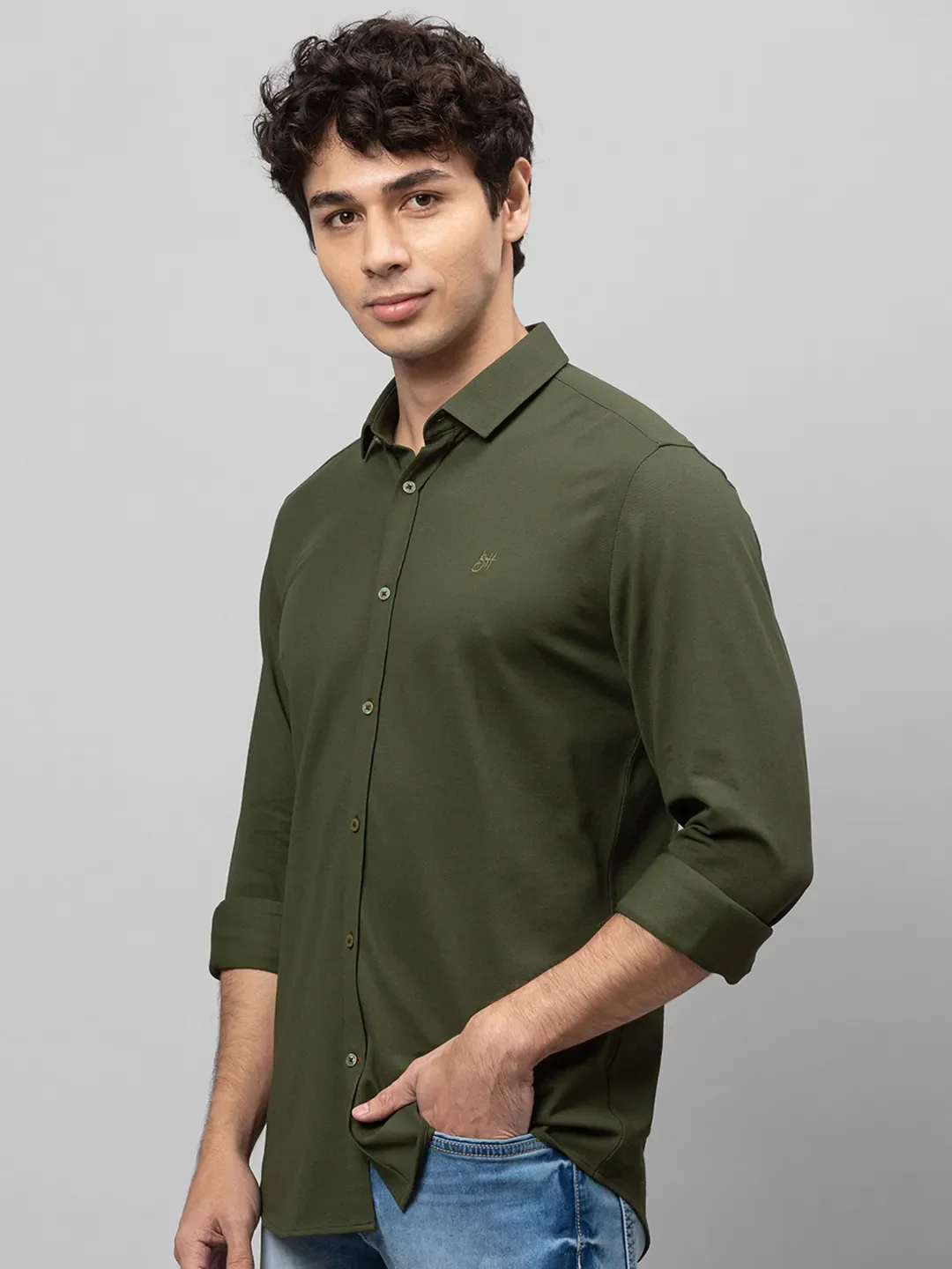 Green Skinny Straight Fit Regular Collar Long Sleeves Cotton Men's Shirt by Being Human Clothing - Image 2
