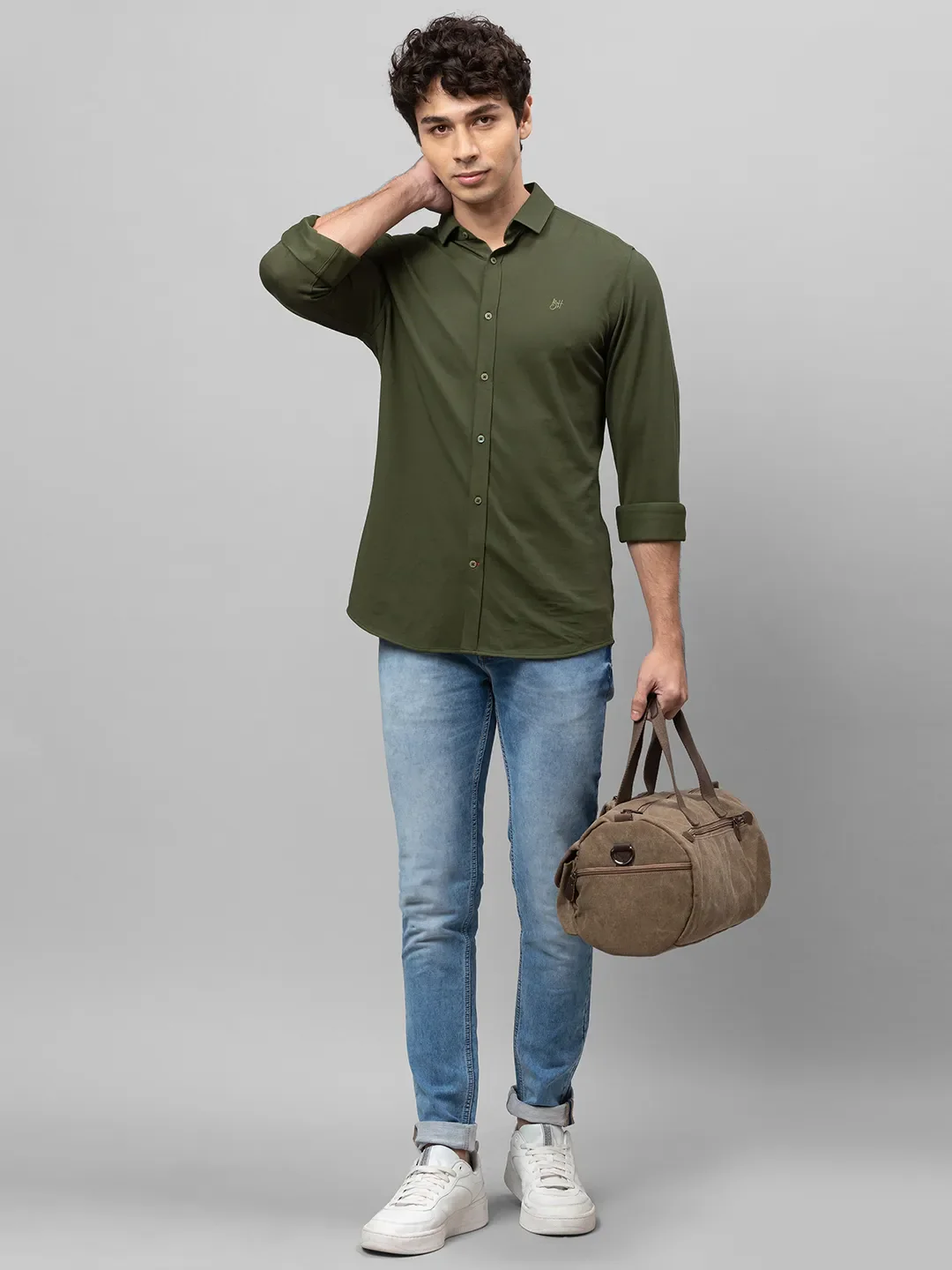 Green Skinny Straight Fit Regular Collar Long Sleeves Cotton Men's Shirt by Being Human Clothing - Image 5