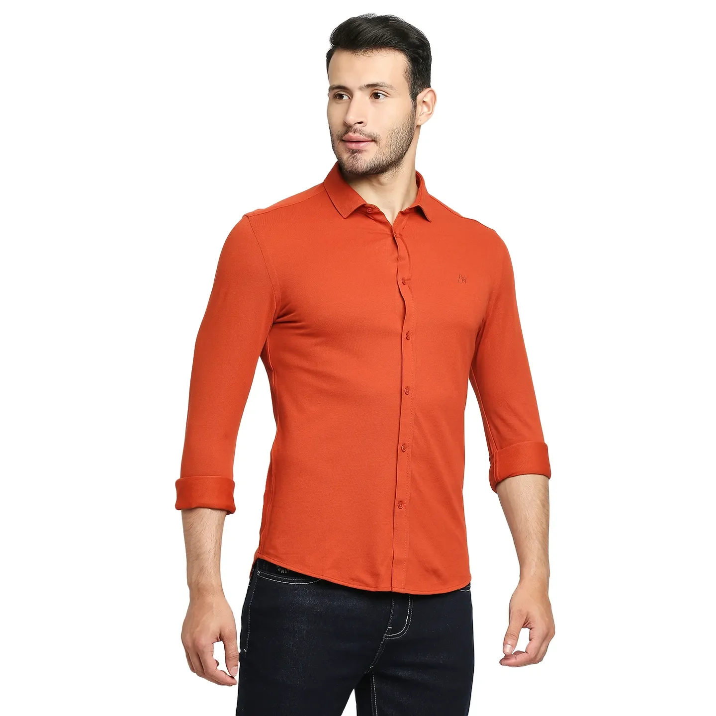 Orange Skinny Straight Fit Regular Collar Long Sleeves Cotton Men's Shirt by Being Human Clothing - Image 3