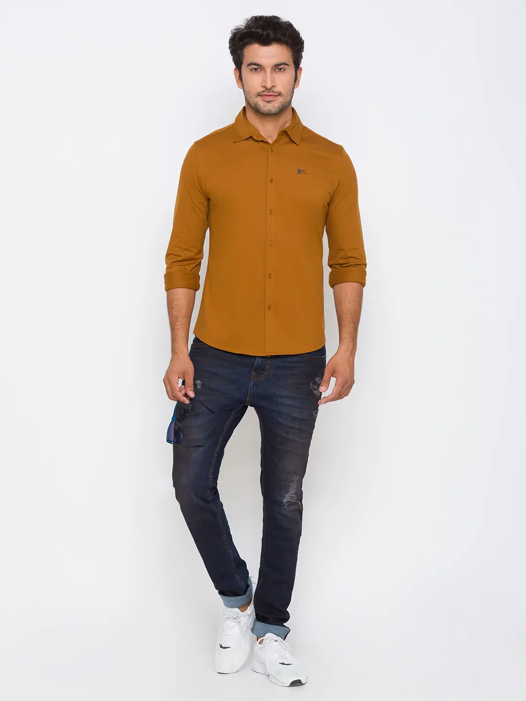 Brown Slim Straight Fit Regular Collar Long Sleeves Cotton Men's Shirt by Being Human Clothing - Image 4