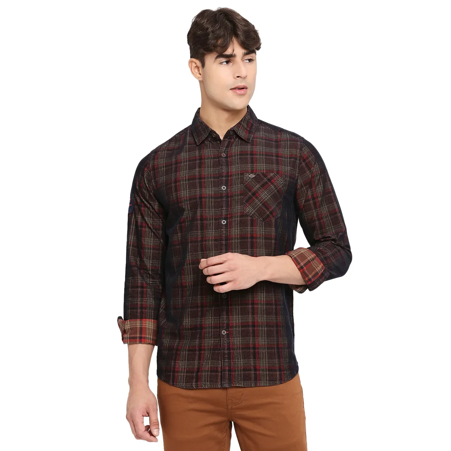 Brown Slim Straight Fit Regular Collar Long Sleeves Cotton Men's Shirt by Being Human Clothing