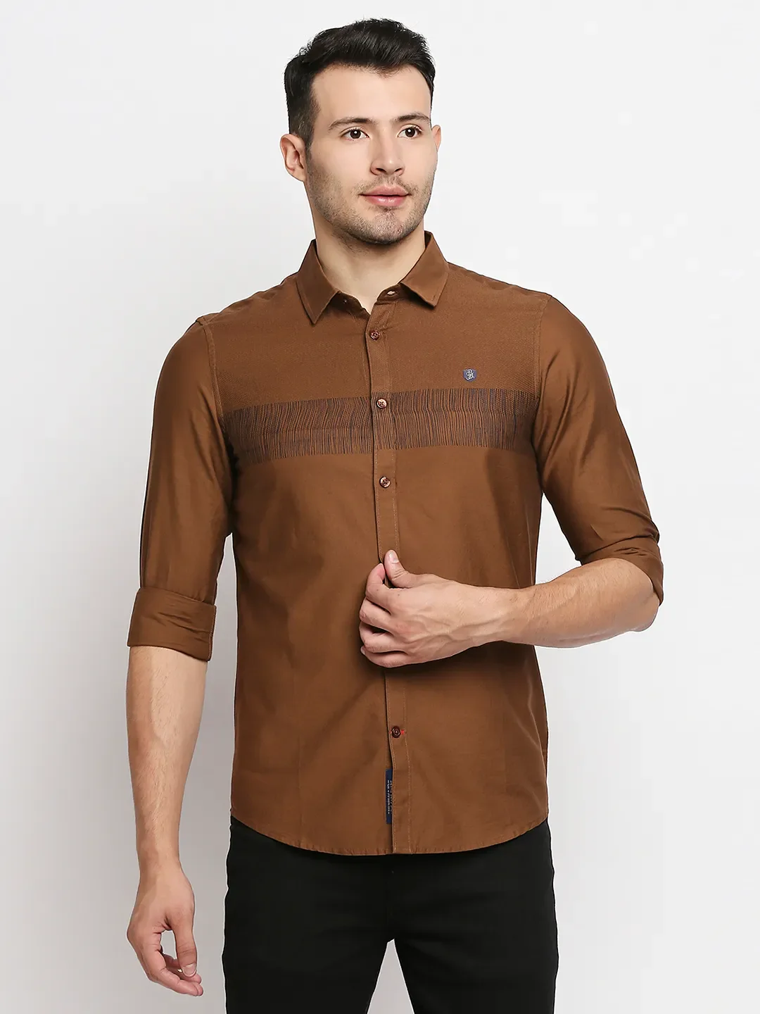 Brown Slim Straight Fit Regular Collar Long Sleeves Men's Shirt by Being Human Clothing