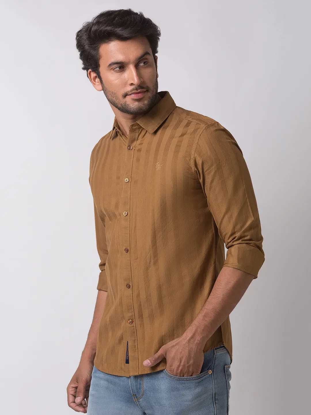 Brown Slim Straight Fit Regular Collar Long Sleeves Cotton Men's Shirt by Being Human Clothing - Image 2