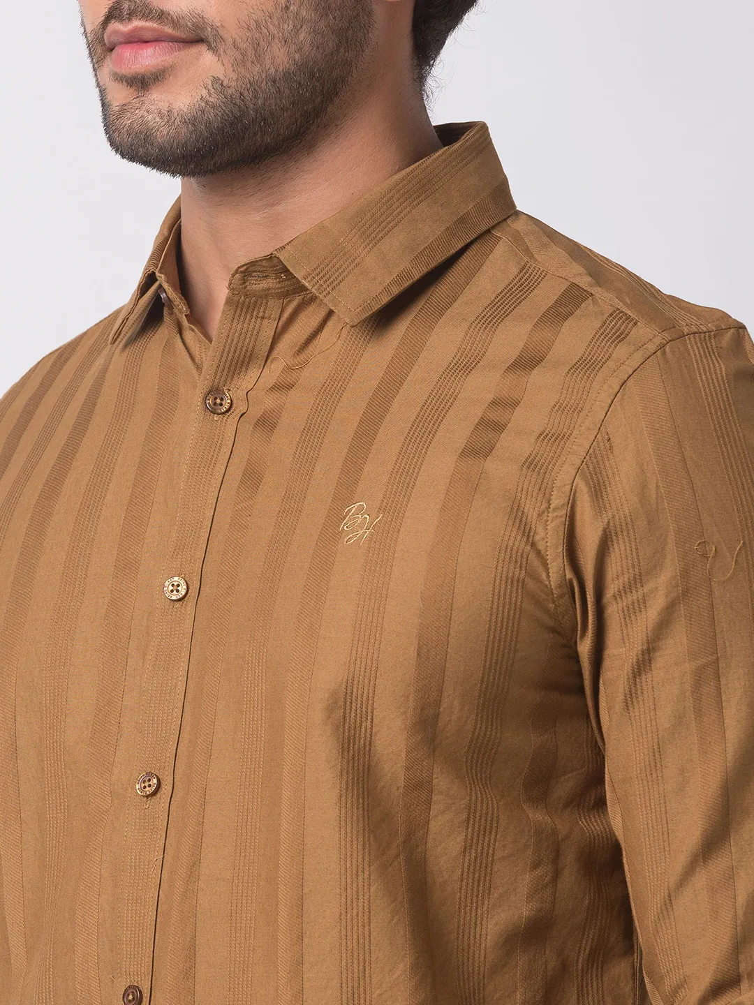 Brown Slim Straight Fit Regular Collar Long Sleeves Cotton Men's Shirt by Being Human Clothing - Image 3