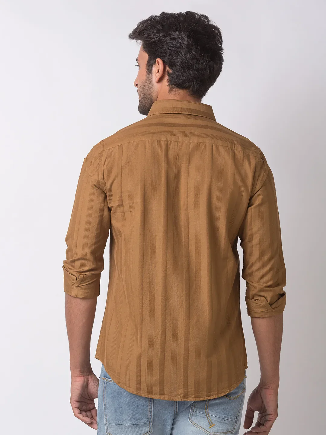 Brown Slim Straight Fit Regular Collar Long Sleeves Cotton Men's Shirt by Being Human Clothing - Image 4