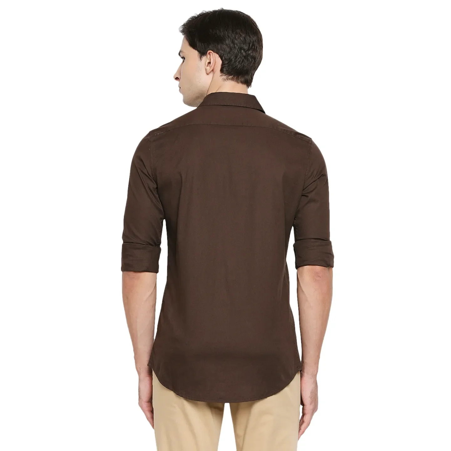 Brown Slim Straight Fit Regular Collar Long Sleeves Cotton Men's Shirt by Being Human Clothing - Image 4
