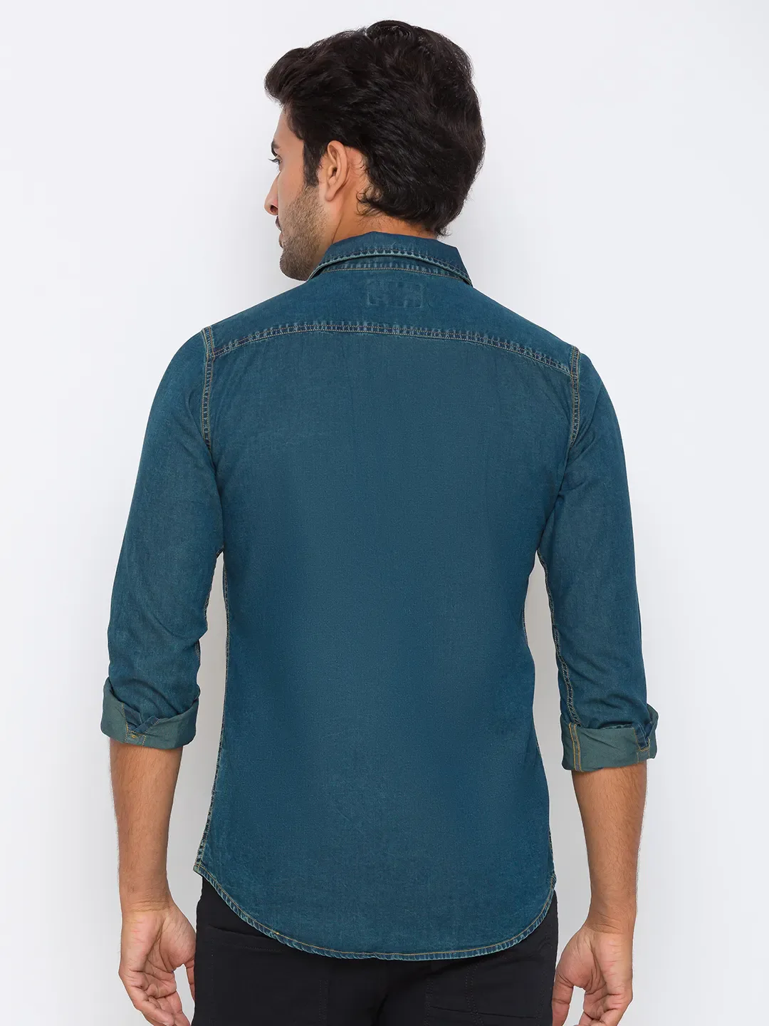 Green Slim Straight Fit Regular Collar Long Sleeves Cotton Men's Shirt by Being Human Clothing - Image 3