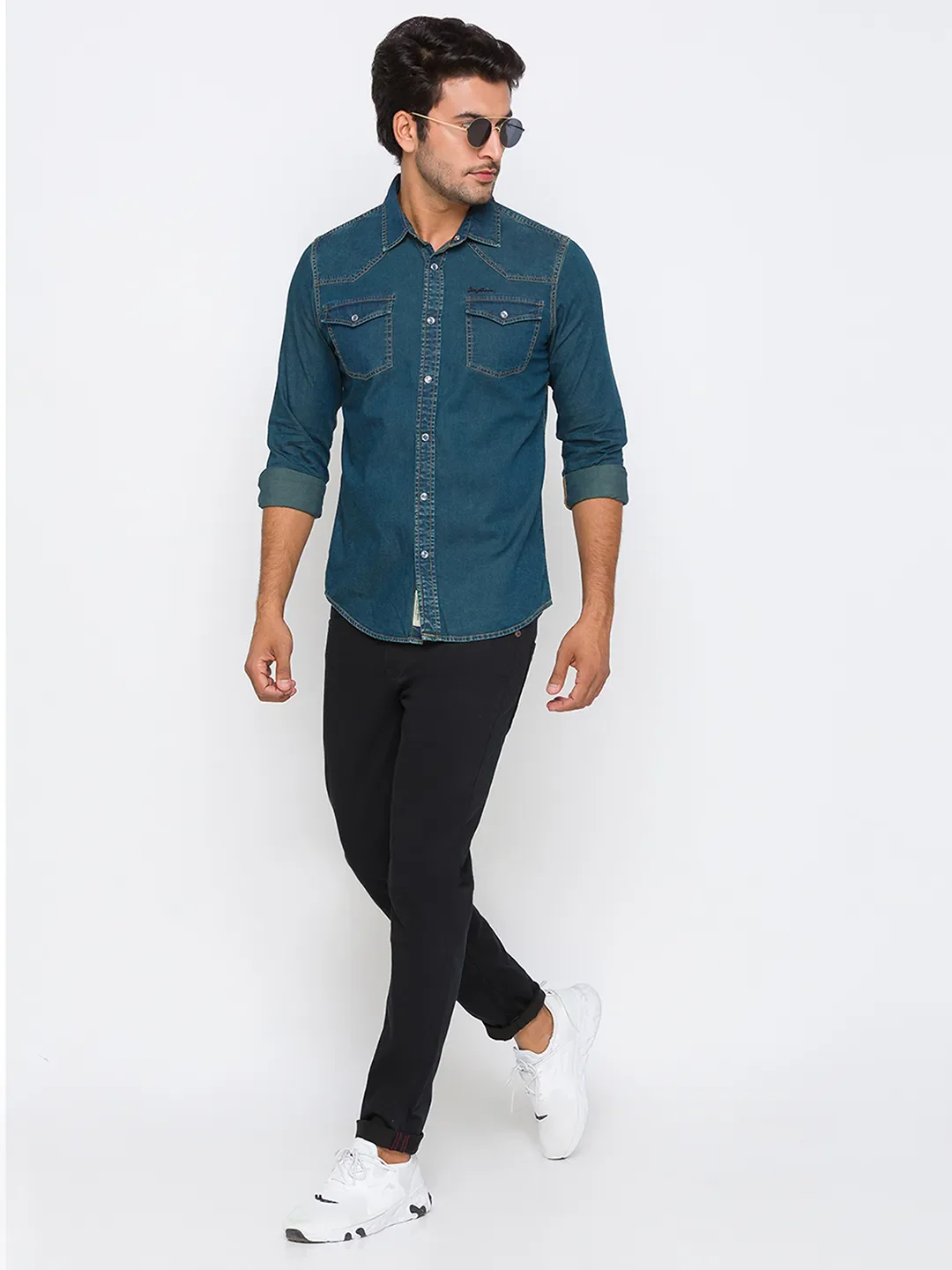 Green Slim Straight Fit Regular Collar Long Sleeves Cotton Men's Shirt by Being Human Clothing - Image 4