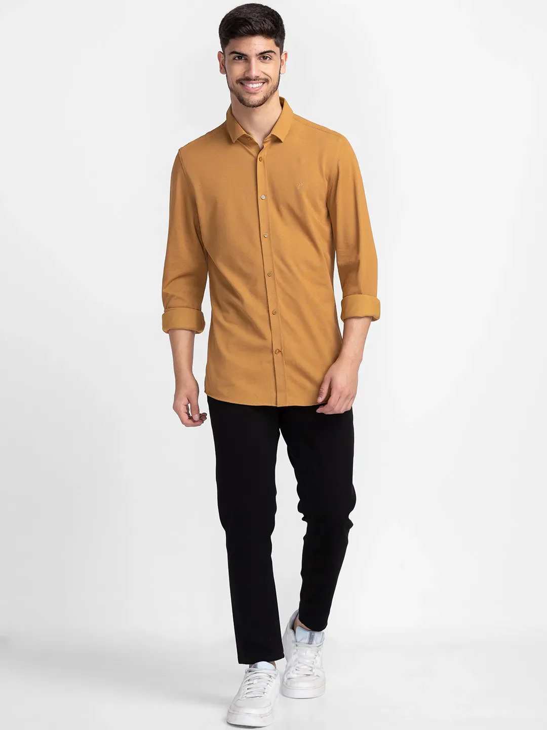 Brown Slim Straight Fit Regular Collar Long Sleeves Cotton Men's Shirt by Being Human Clothing - Image 2