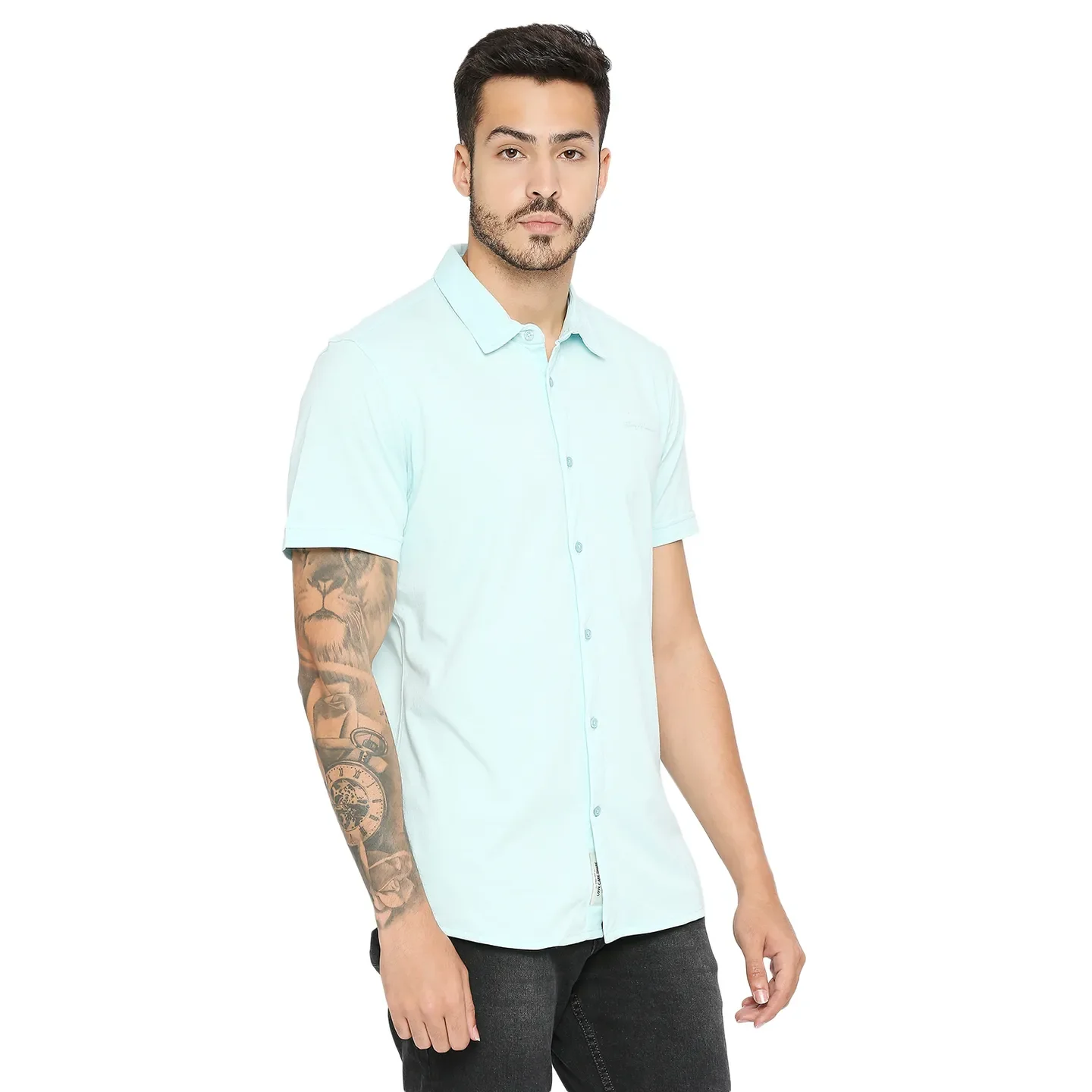 Green Slim Straight Fit Regular Collar Short Sleeves Cotton Men's Shirt by Being Human Clothing - Image 3