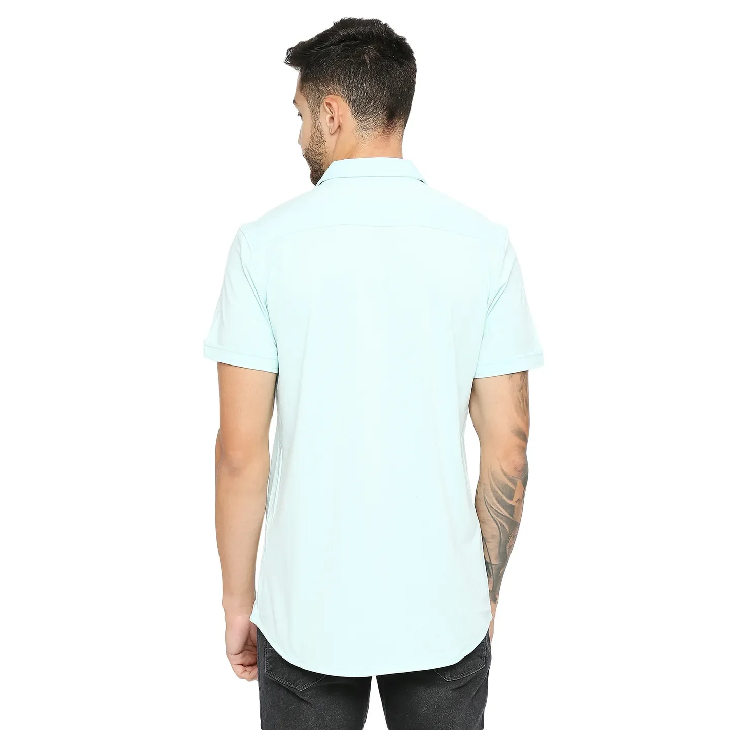 Green Slim Straight Fit Regular Collar Short Sleeves Cotton Men's Shirt by Being Human Clothing - Image 4