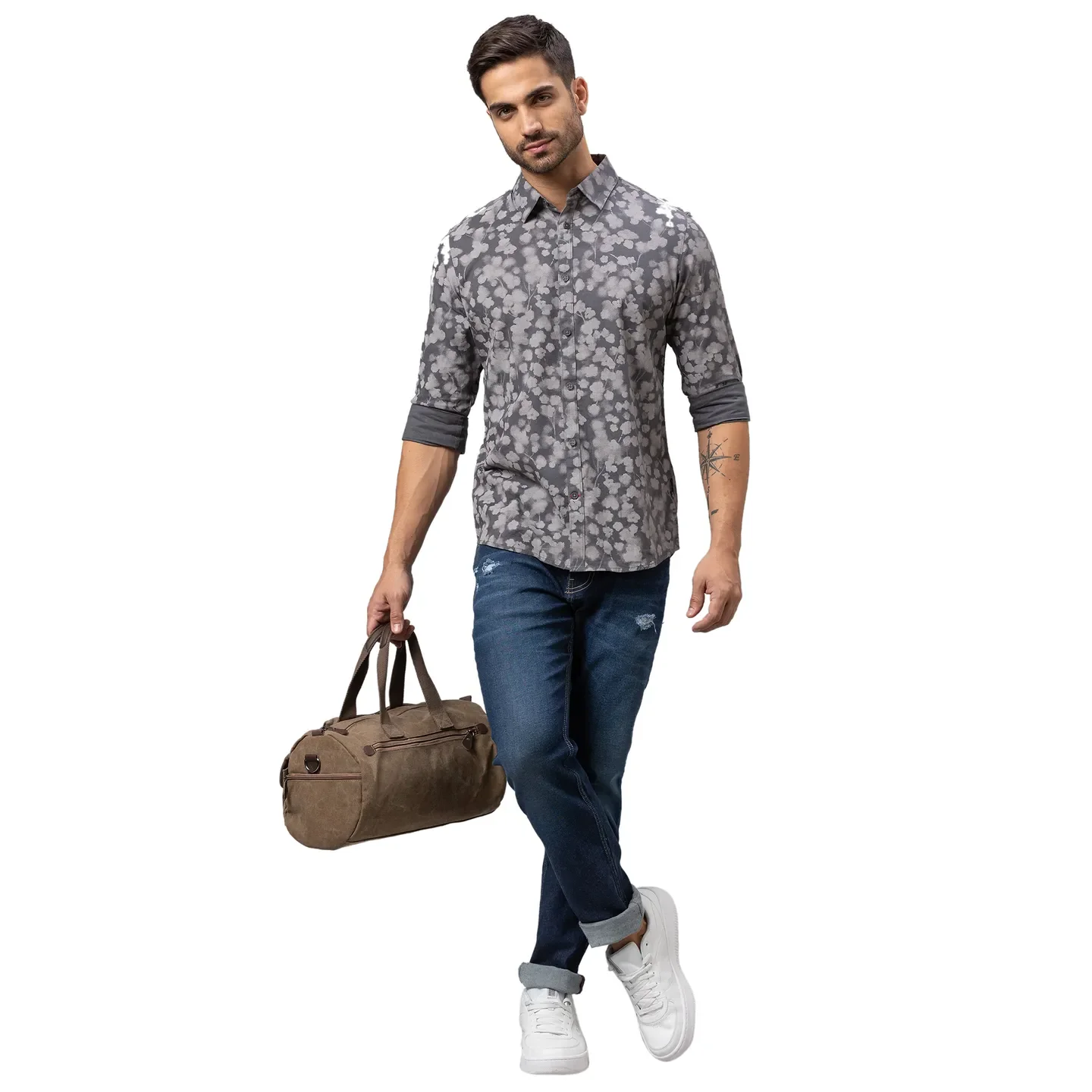 Grey Slim Straight Fit Regular Collar Long Sleeves Cotton Men's Shirt by Being Human Clothing - Image 2