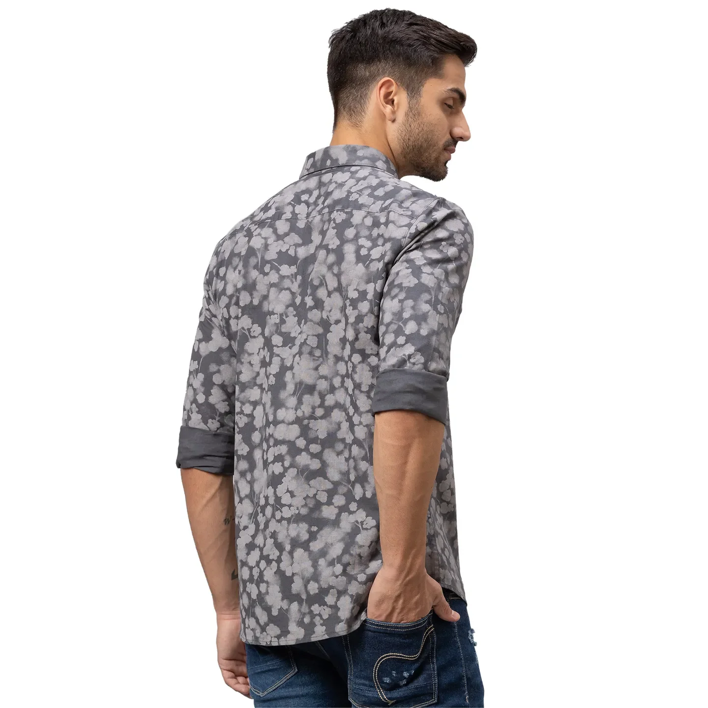 Grey Slim Straight Fit Regular Collar Long Sleeves Cotton Men's Shirt by Being Human Clothing - Image 3