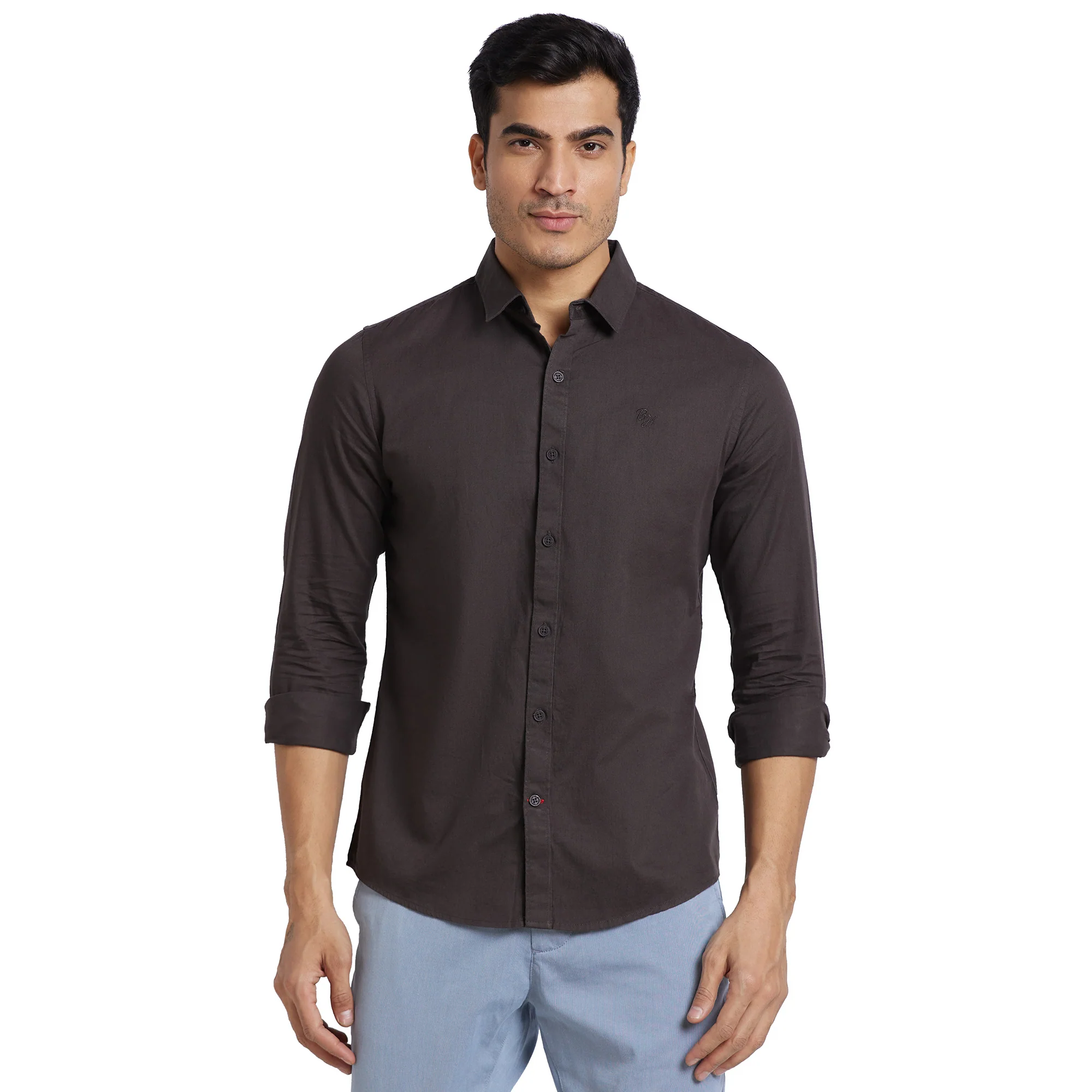 Grey Slim Straight Fit Regular Collar Long Sleeves Cotton Men's Shirt by Being Human Clothing