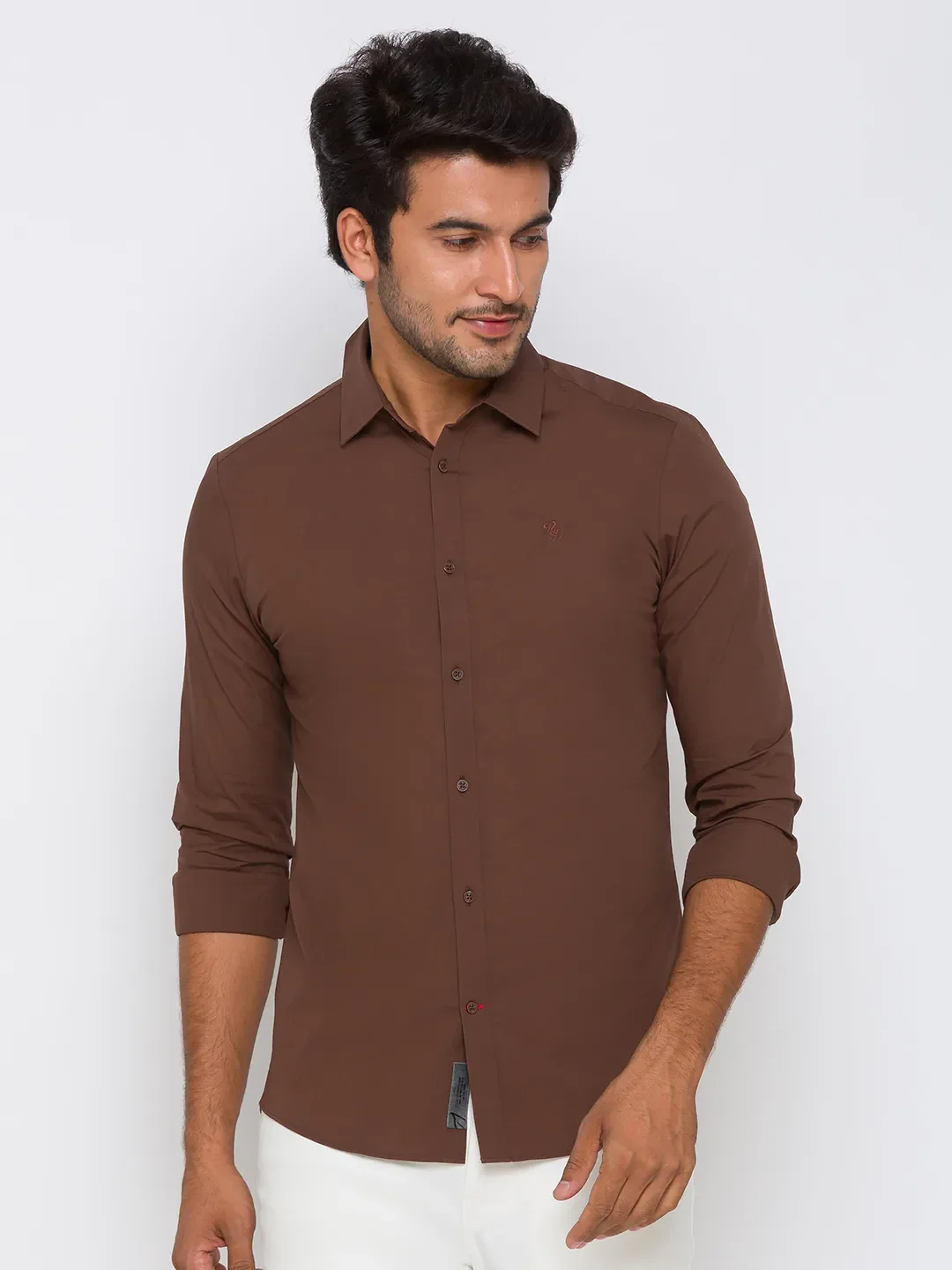 Brown Slim Straight Fit Regular Collar Long Sleeves Cotton Men's Shirt by Being Human Clothing