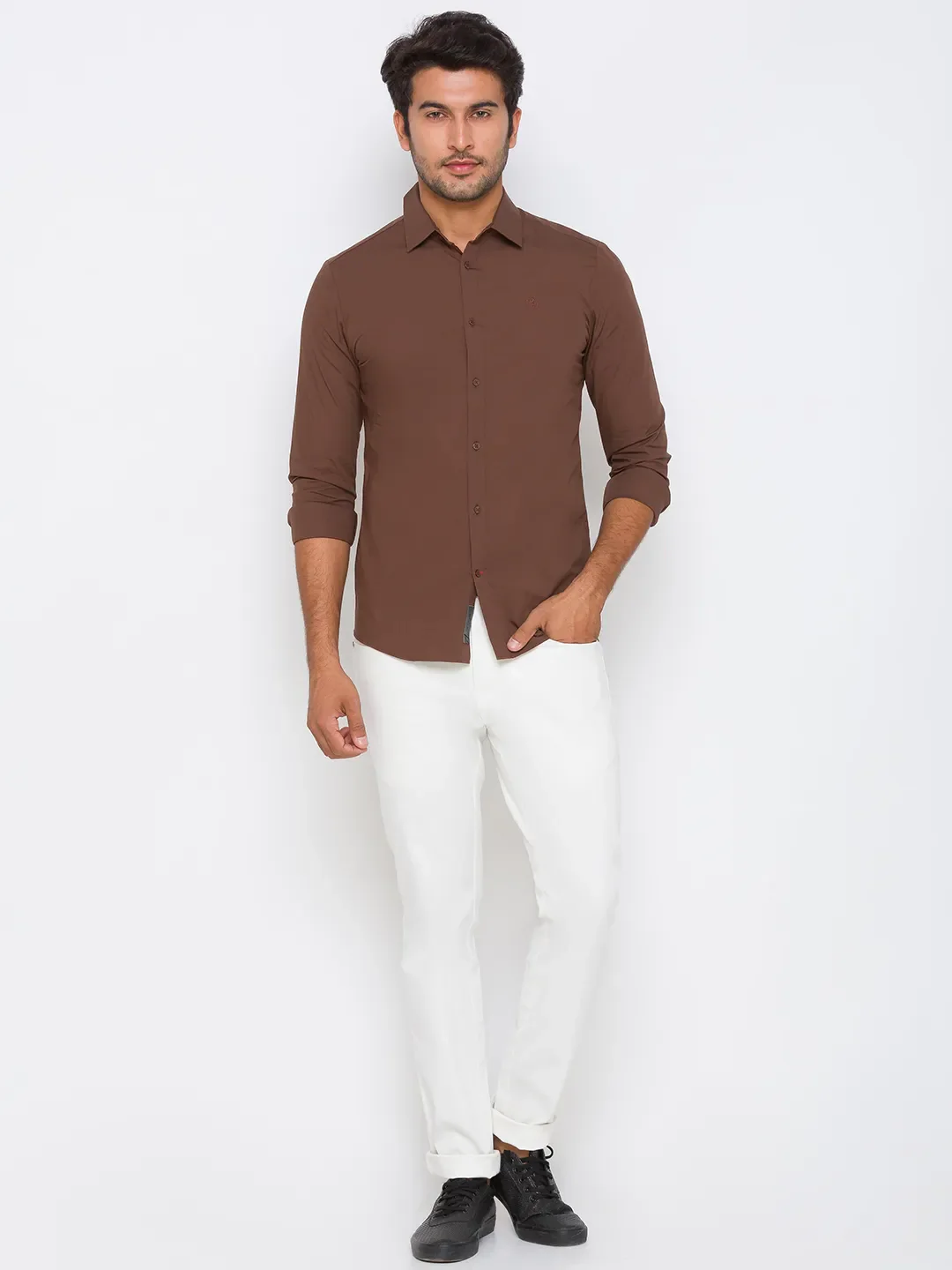Brown Slim Straight Fit Regular Collar Long Sleeves Cotton Men's Shirt by Being Human Clothing - Image 5