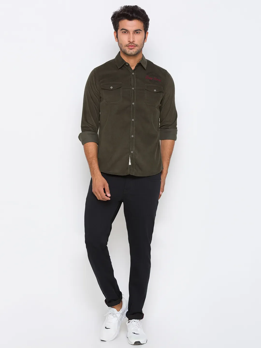 Green Slim Straight Fit Regular Collar Long Sleeves Cotton Men's Shirt by Being Human Clothing - Image 4