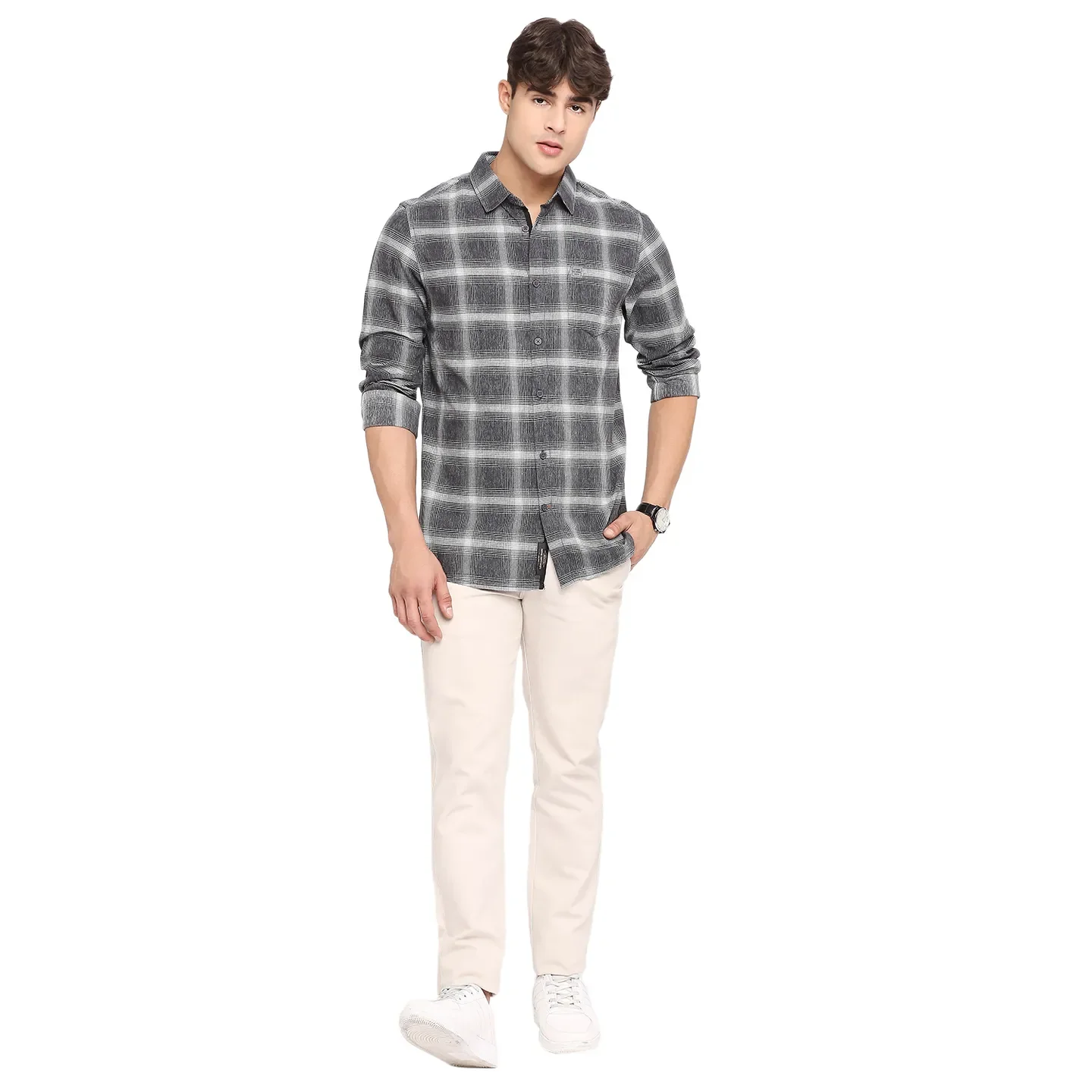 Grey Slim Straight Fit Regular Collar Long Sleeves Cotton Men's Shirt by Being Human Clothing - Image 6