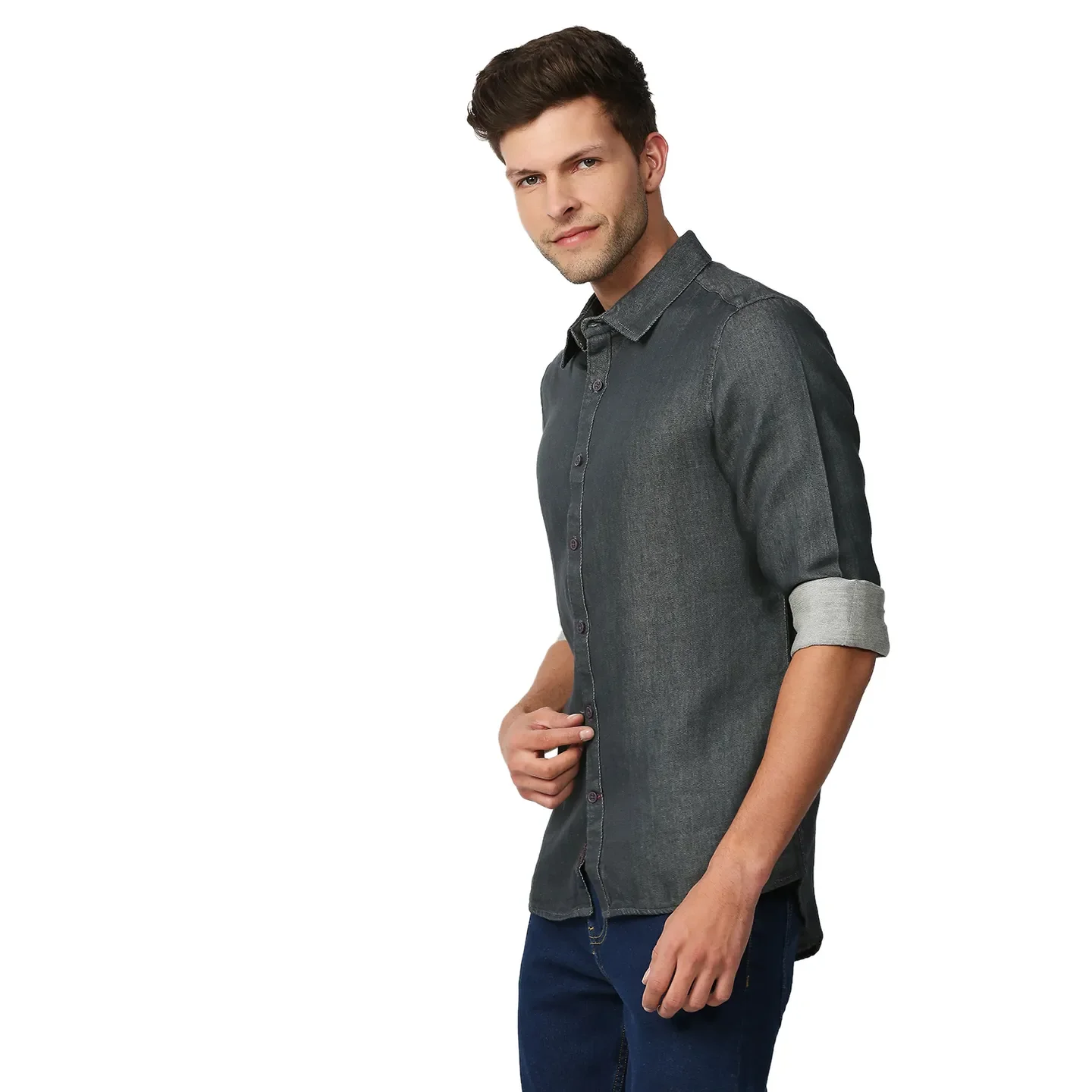 Grey Slim Straight Fit Regular Collar Long Sleeves Men's Shirt by Being Human Clothing - Image 2