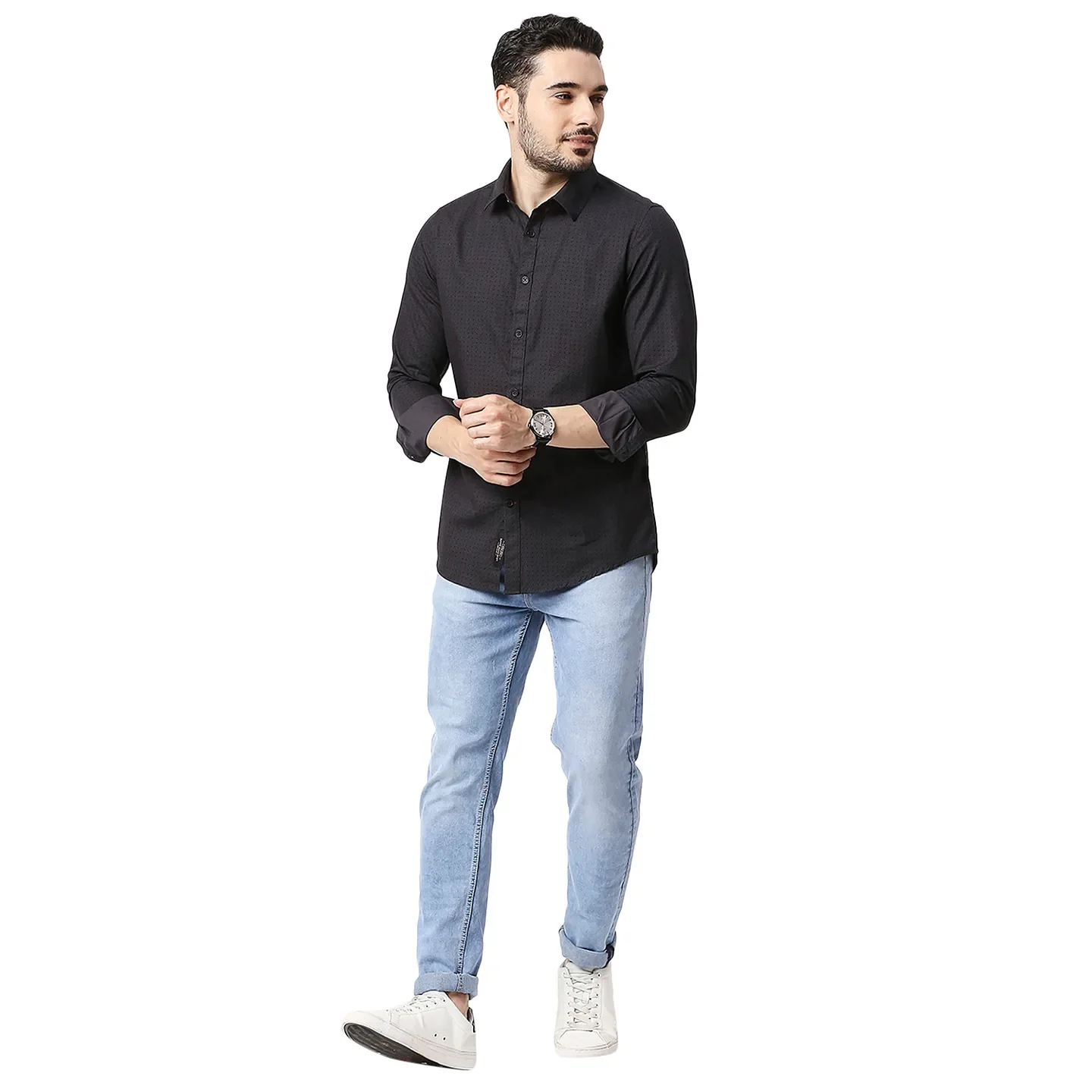 Grey Slim Straight Fit Regular Collar Long Sleeves Cotton Men's Shirt by Being Human Clothing - Image 5