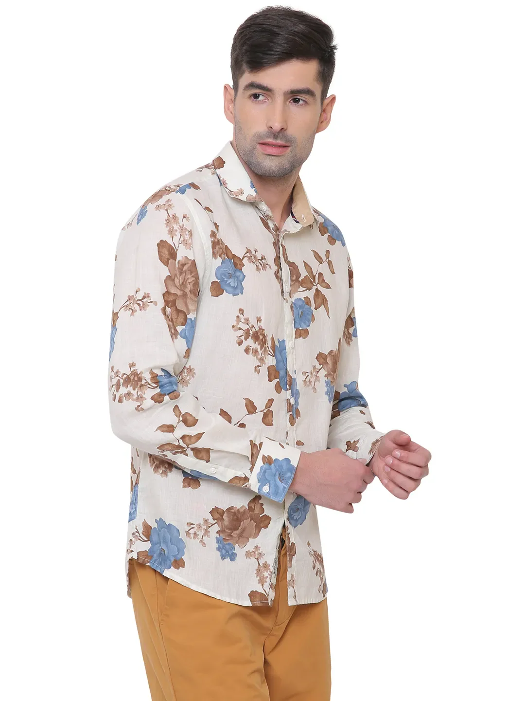 Beige Slim Straight Fit Regular Collar Long Sleeves Cotton Men's Shirt by Being Human Clothing
