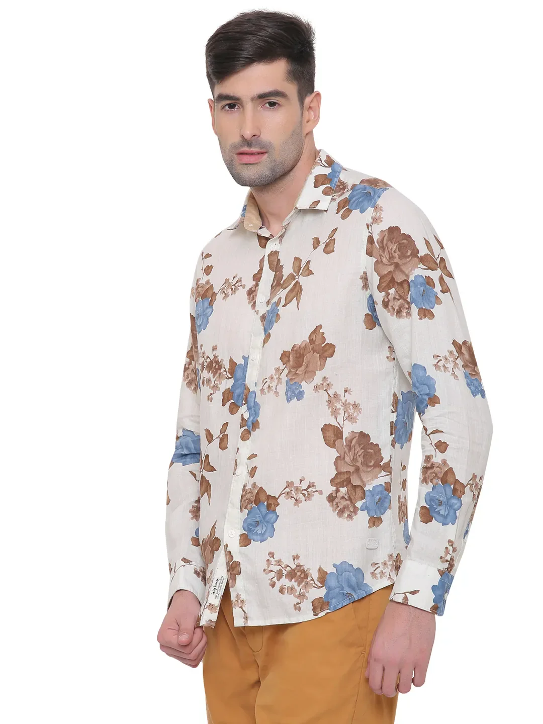 Beige Slim Straight Fit Regular Collar Long Sleeves Cotton Men's Shirt by Being Human Clothing - Image 3