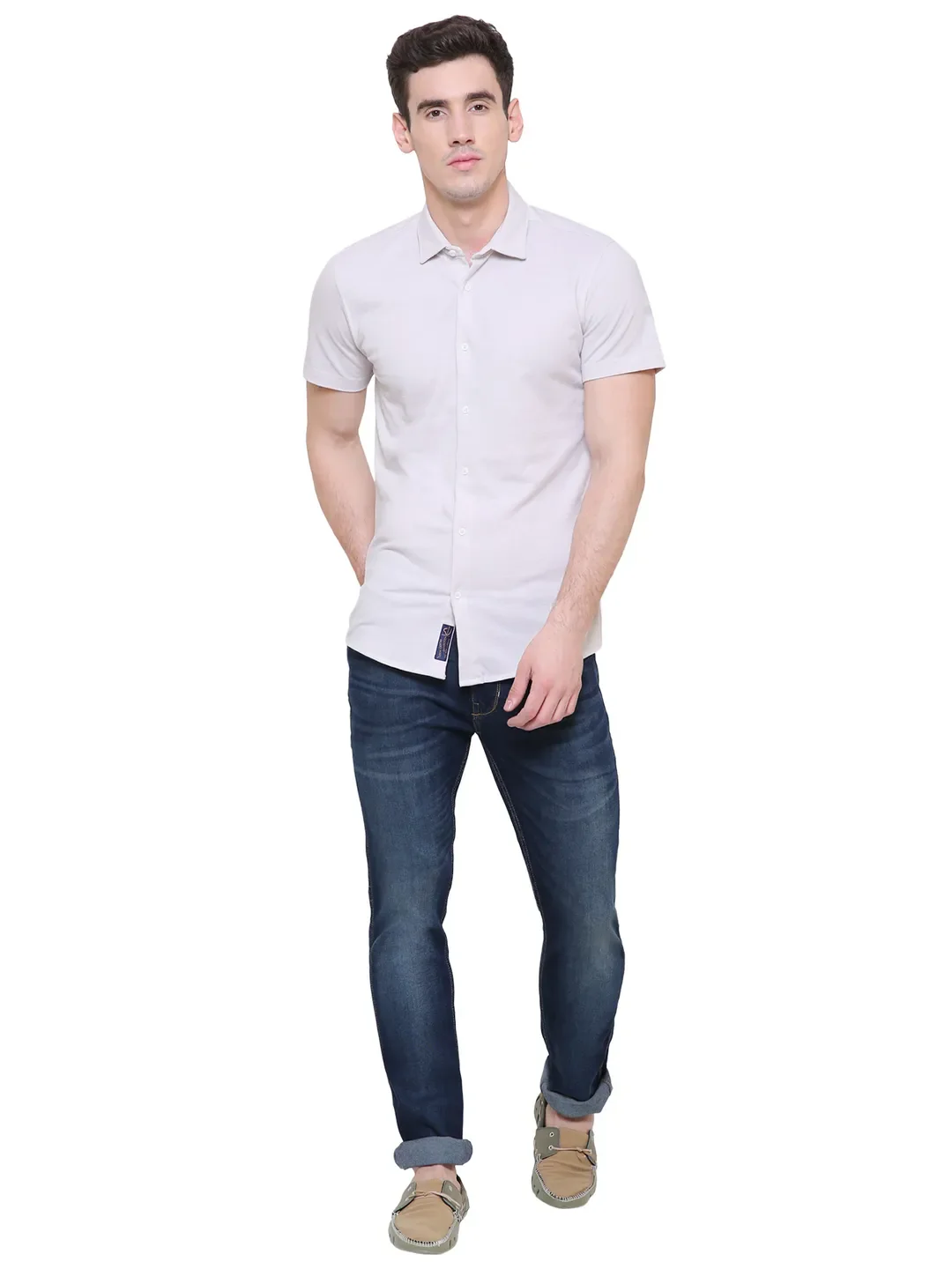 Beige Slim Straight Fit Regular Collar Short Sleeves Men's Shirt by Being Human Clothing