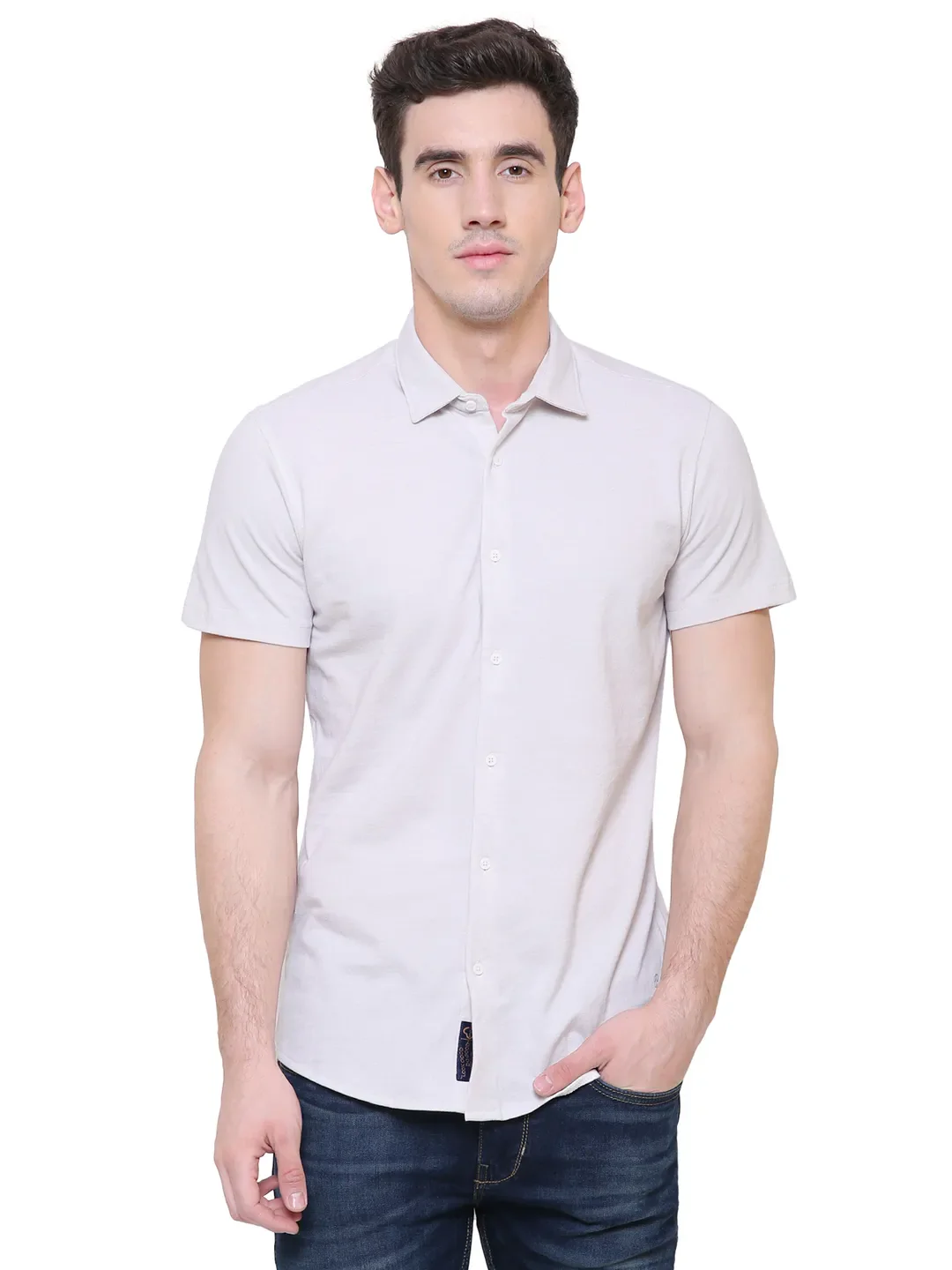 Beige Slim Straight Fit Regular Collar Short Sleeves Men's Shirt by Being Human Clothing - Image 2