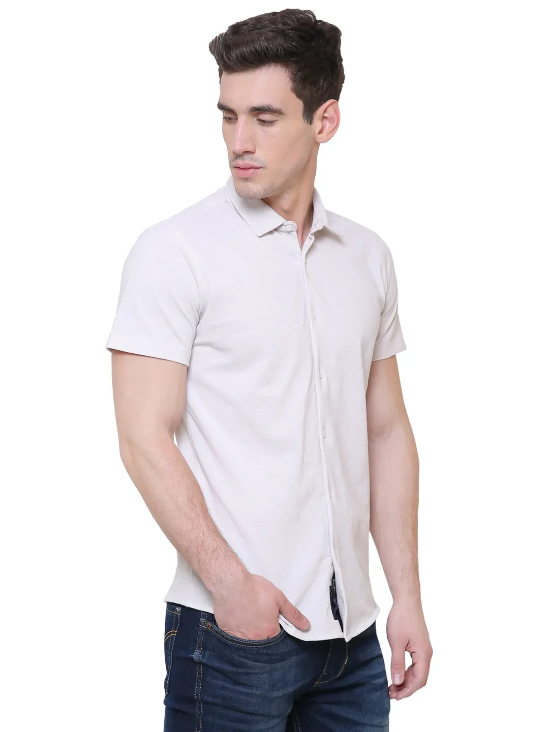 Beige Slim Straight Fit Regular Collar Short Sleeves Men's Shirt by Being Human Clothing - Image 4
