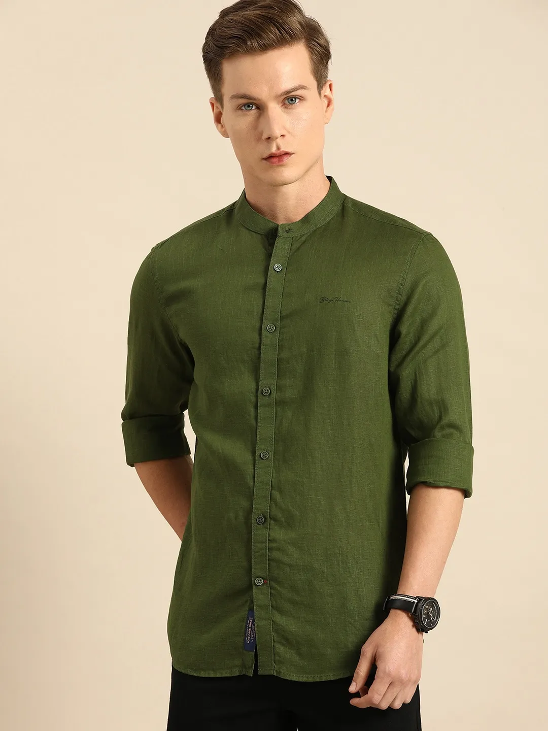 Green Slim Straight Fit Mandarin Collar Long Sleeves Cotton Men's Shirt by Being Human Clothing