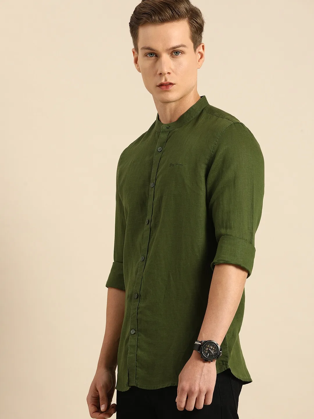 Green Slim Straight Fit Mandarin Collar Long Sleeves Cotton Men's Shirt by Being Human Clothing - Image 2