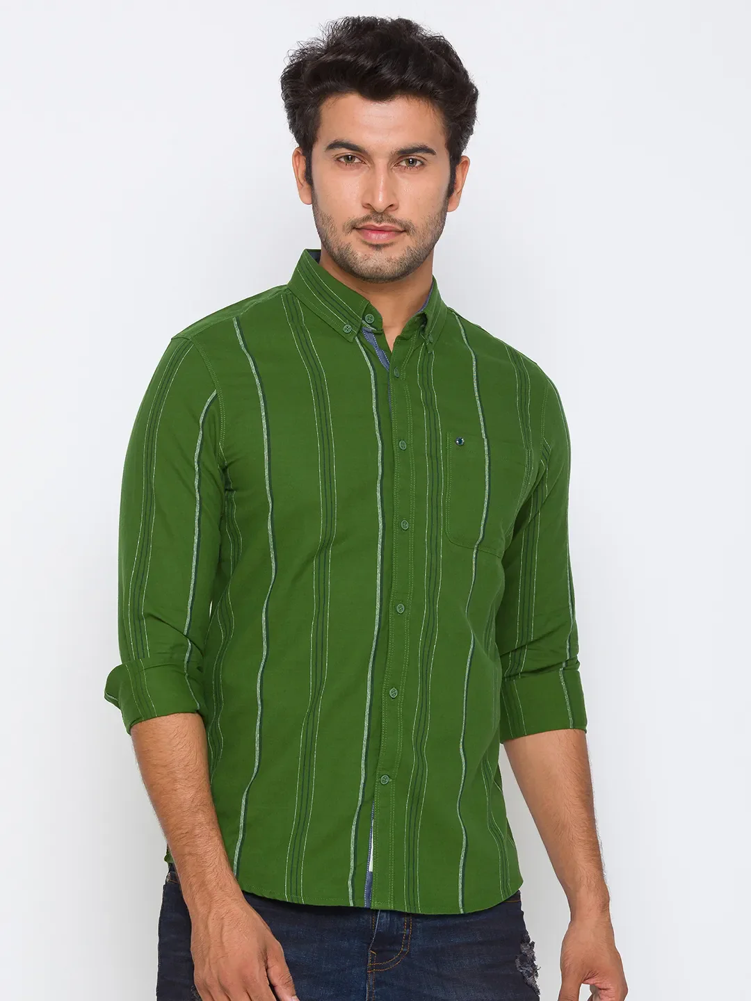 Green Slim Straight Fit Regular Collar Long Sleeves Cotton Men's Shirt by Being Human Clothing