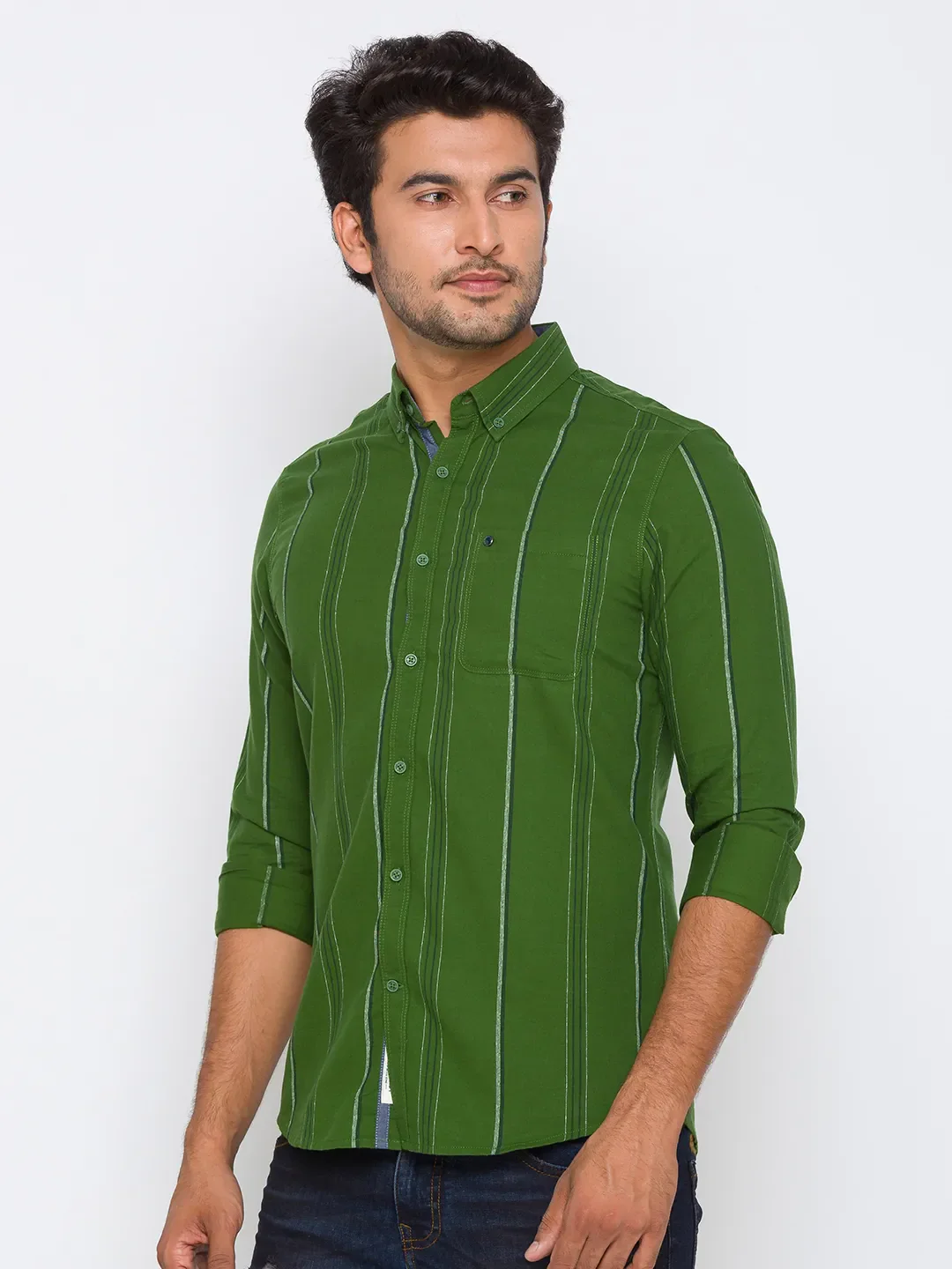 Green Slim Straight Fit Regular Collar Long Sleeves Cotton Men's Shirt by Being Human Clothing - Image 2