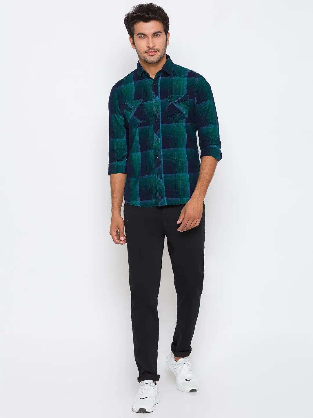 Green Slim Straight Fit Regular Collar Long Sleeves Cotton Men's Shirt by Being Human Clothing - Image 5