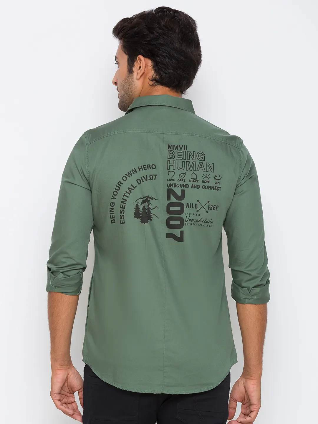 Green Slim Straight Fit Regular Collar Long Sleeves Cotton Men's Shirt by Being Human Clothing - Image 3