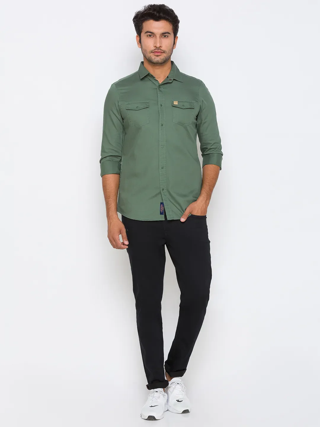 Green Slim Straight Fit Regular Collar Long Sleeves Cotton Men's Shirt by Being Human Clothing - Image 5