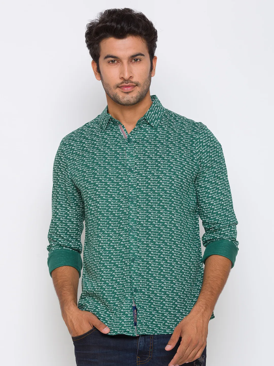 Green Slim Straight Fit Regular Collar Long Sleeves Cotton Men's Shirt by Being Human Clothing