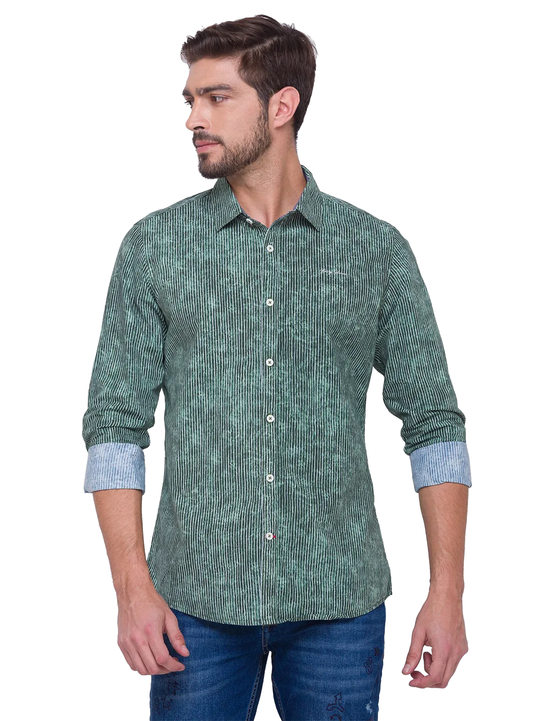 Green Slim Straight Fit Regular Collar Long Sleeves Cotton Men's Shirt by Being Human Clothing - Image 2