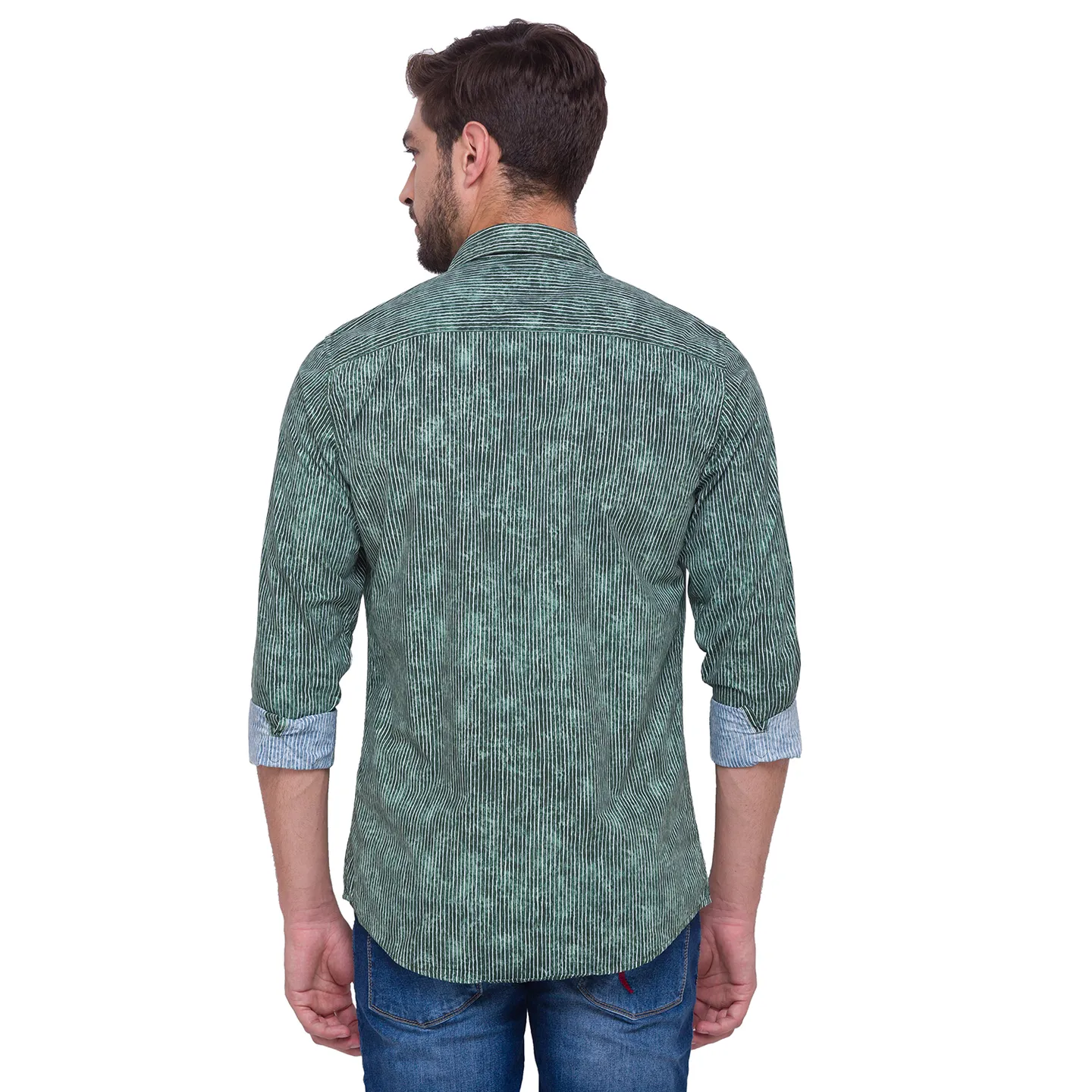 Green Slim Straight Fit Regular Collar Long Sleeves Cotton Men's Shirt by Being Human Clothing - Image 4
