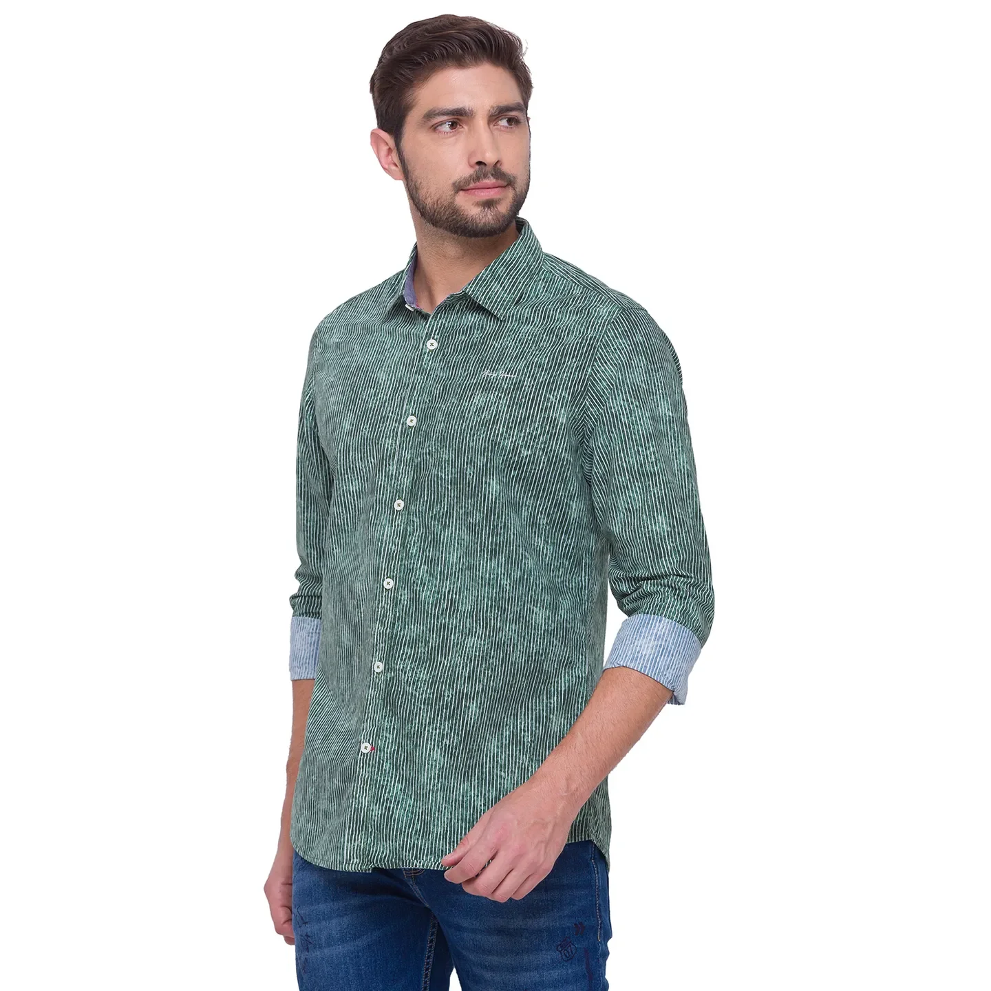Green Slim Straight Fit Regular Collar Long Sleeves Cotton Men's Shirt by Being Human Clothing - Image 5