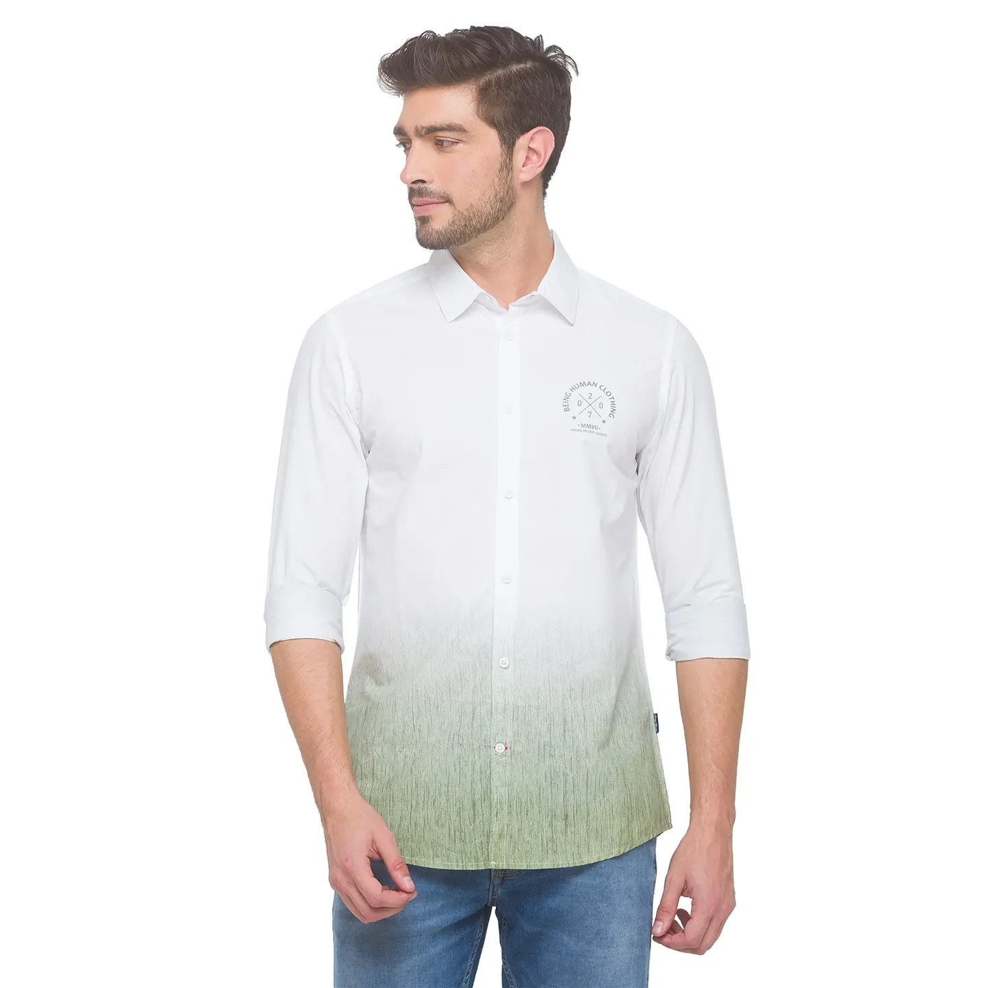Green Slim Straight Fit Regular Collar Long Sleeves Cotton Men's Shirt by Being Human Clothing