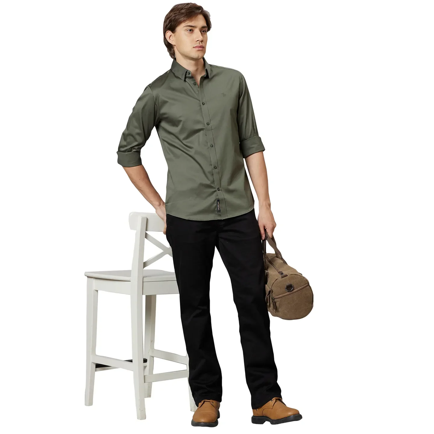 Green Slim Straight Fit Regular Collar Long Sleeves Cotton Men's Shirt by Being Human Clothing - Image 5